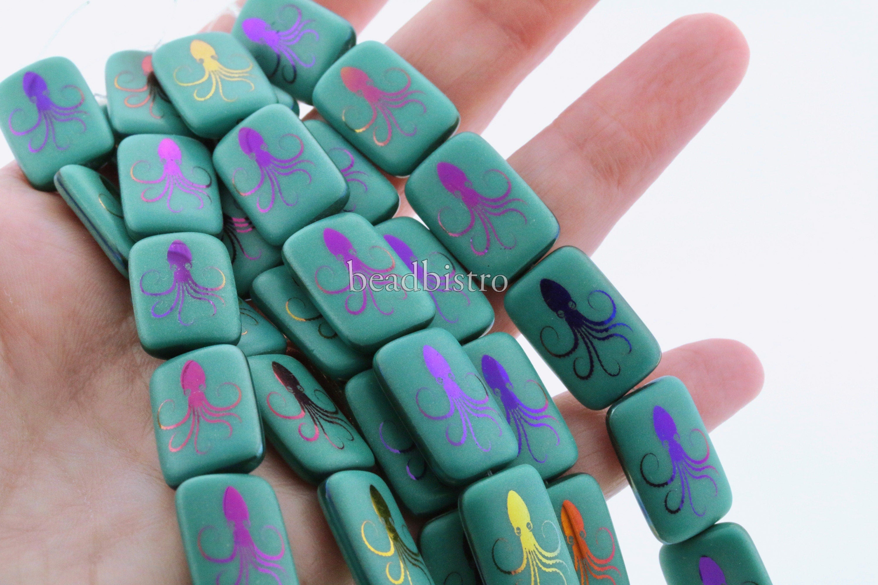 Czech Glass Beads ~ Octopus Opaque Green Turquoise Sliperit - 18x12mm Laser Tattoo Beads