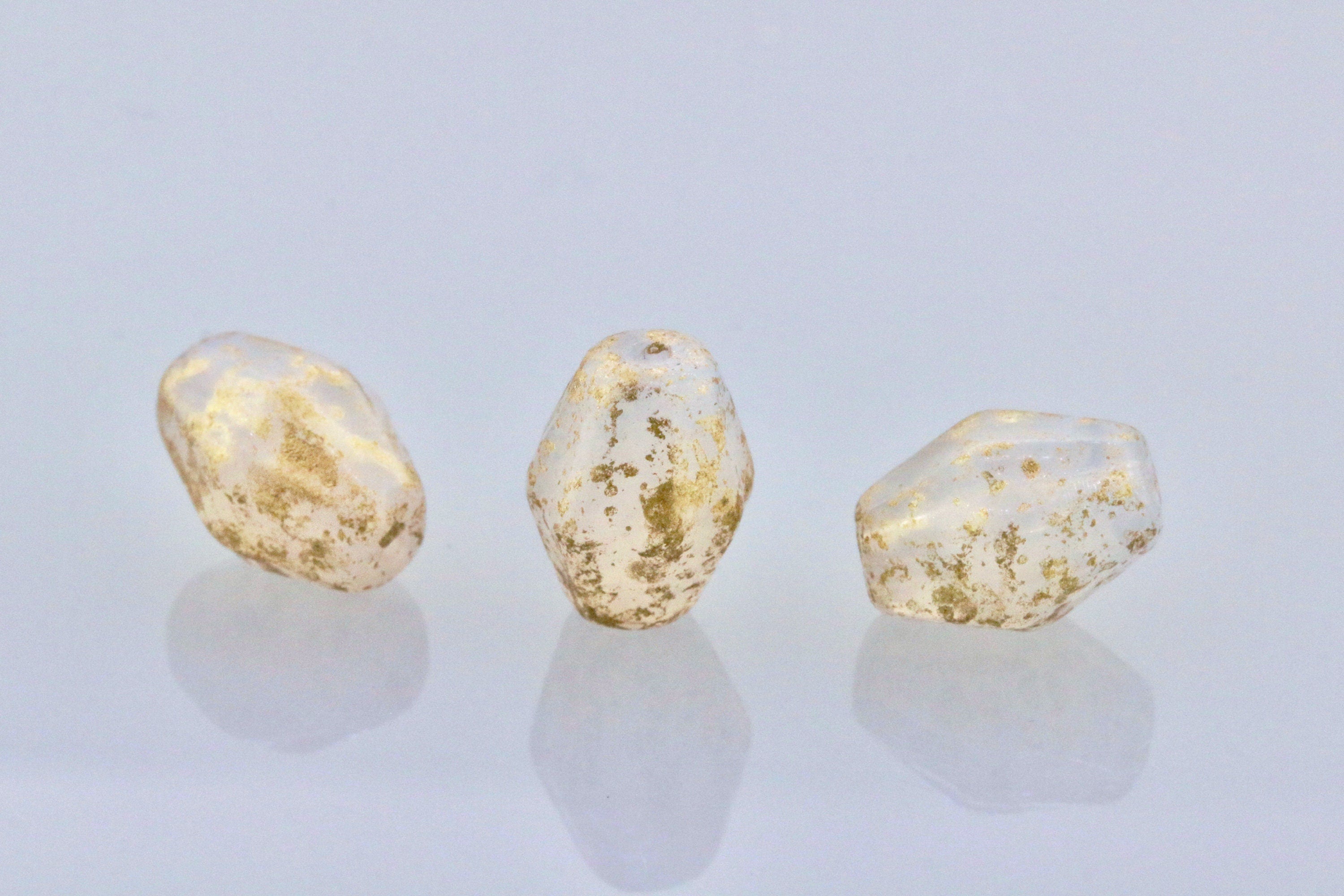 6pcs Milky Czech Bicone glass beads - White Alabaster BRONZE SPLASH - 10x8.5mm