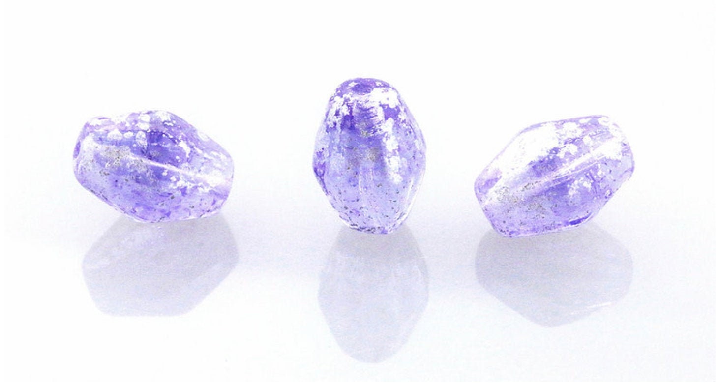 6pcs VIOLET Czech Bicone glass beads - Violet SILVER SPLASH - 10x8.5mm