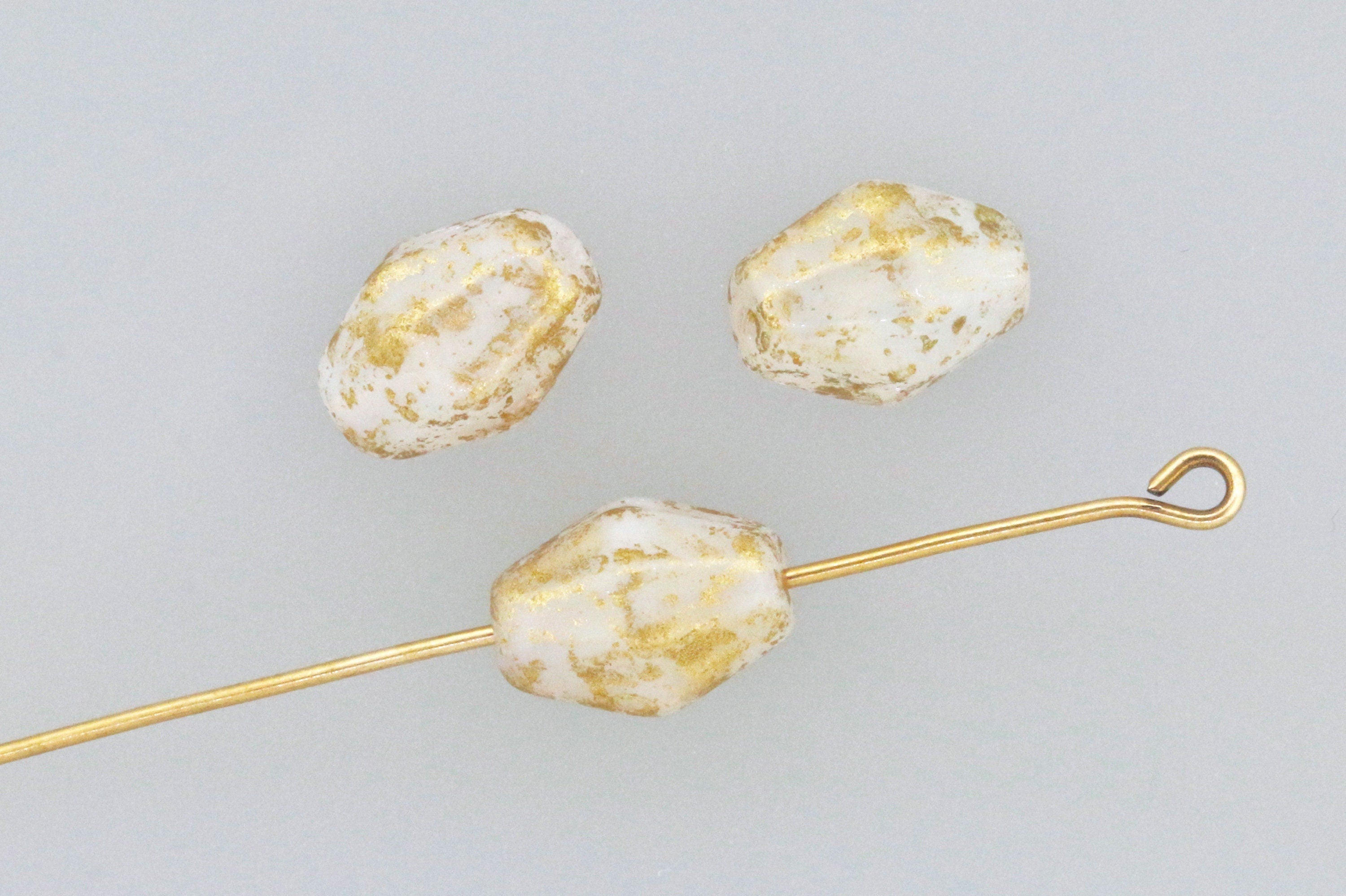 6pcs Milky Czech Bicone glass beads - White Alabaster BRONZE SPLASH - 10x8.5mm