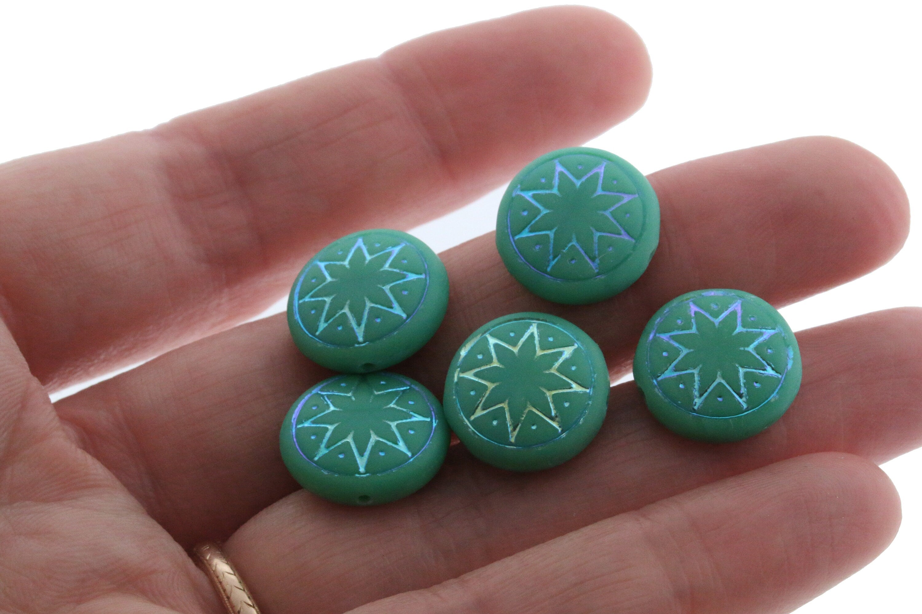 6pcs Czech Star of Ishtar beads - pressed Czech glass puffed coins - FROSTED Green Turquoise AB - 13mm