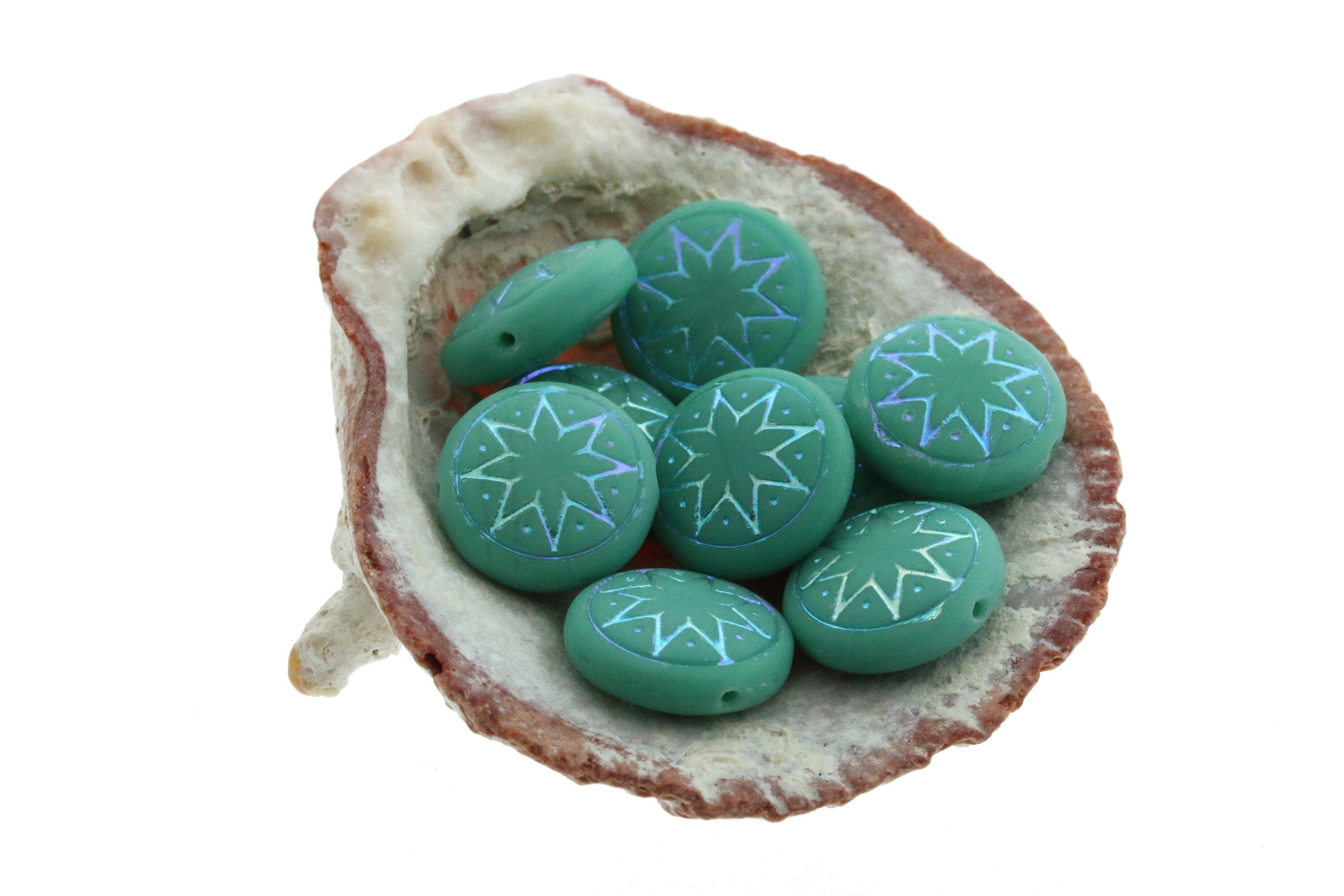 6pcs Czech Star of Ishtar beads - pressed Czech glass puffed coins - FROSTED Green Turquoise AB - 13mm