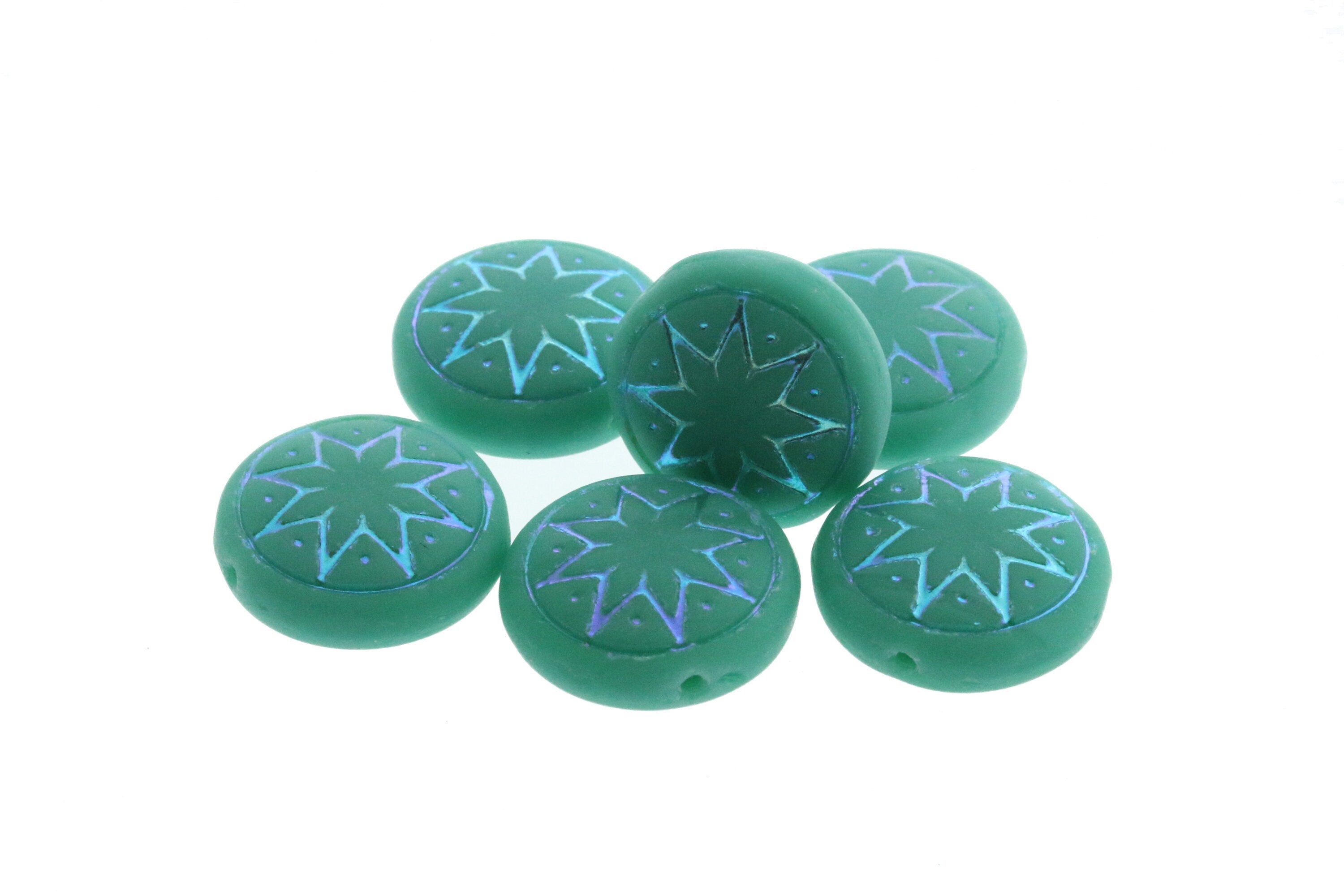 6pcs Czech Star of Ishtar beads - pressed Czech glass puffed coins - FROSTED Green Turquoise AB - 13mm