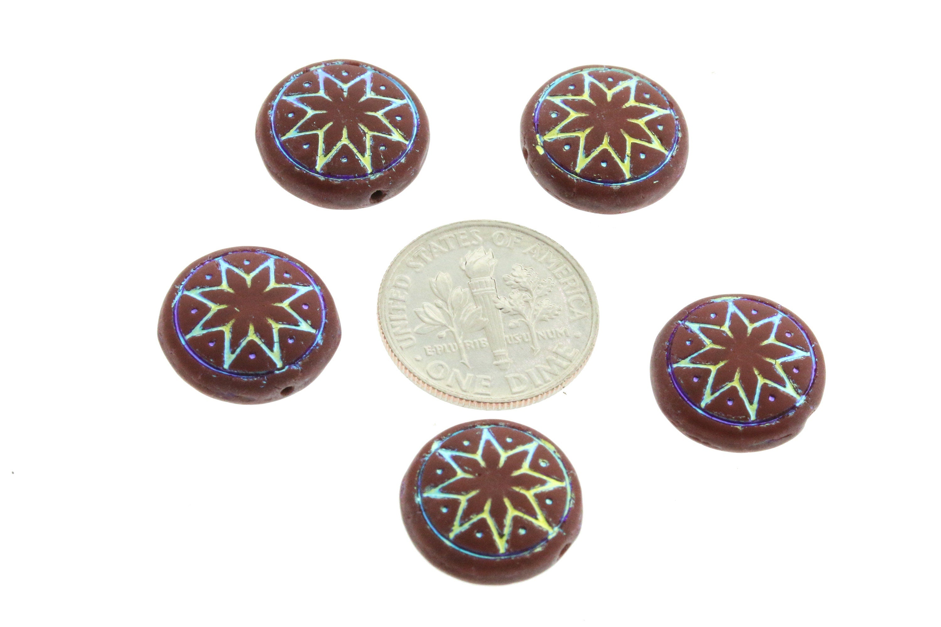 6pcs Czech Star of Ishtar beads - pressed Czech glass puffed coins - FROSTED Umber / Chocolate AB - 13mm