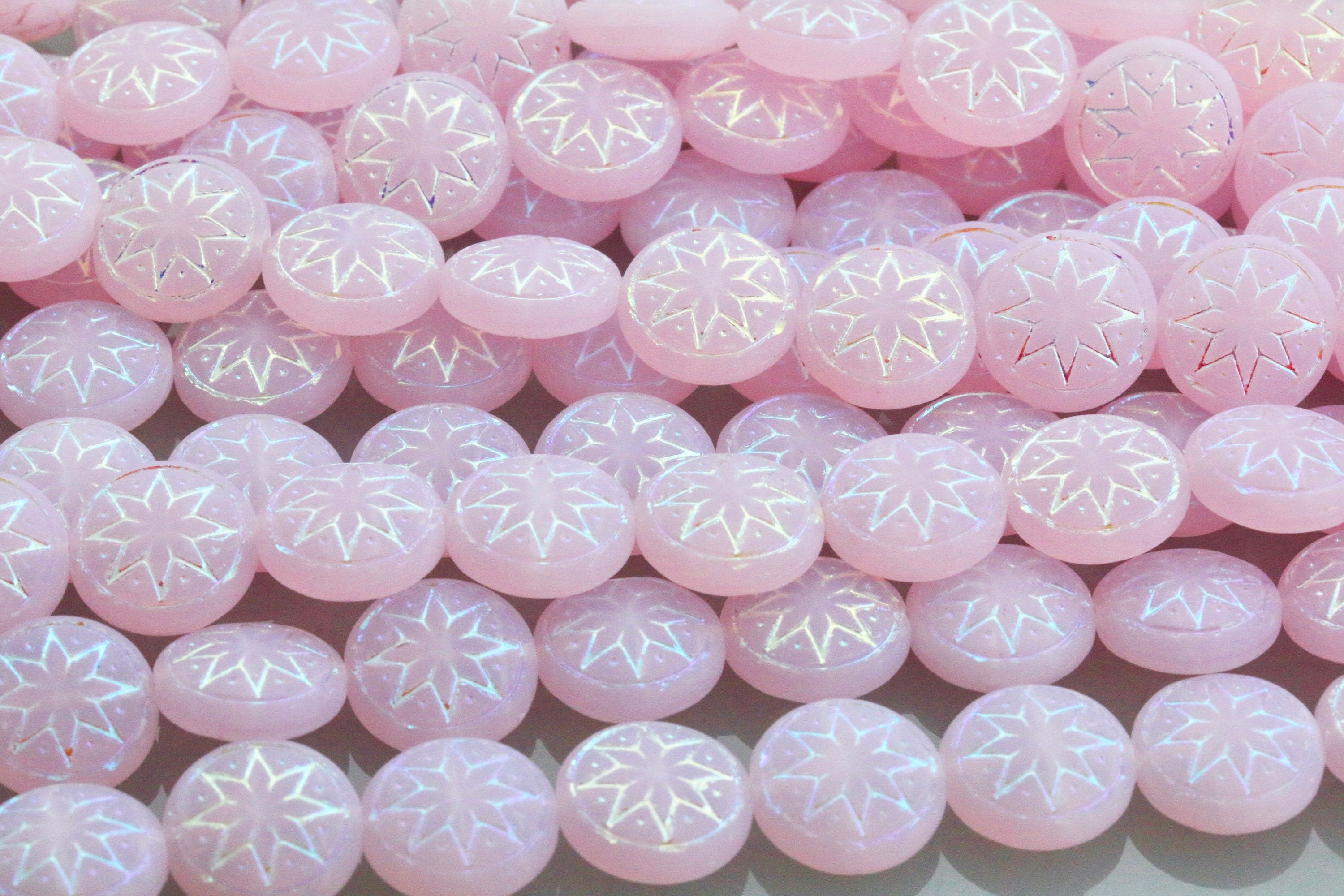 6pcs Czech Star of Ishtar beads - pressed Czech glass puffed coins - FROSTED Light Pink Opal AB - 13mm