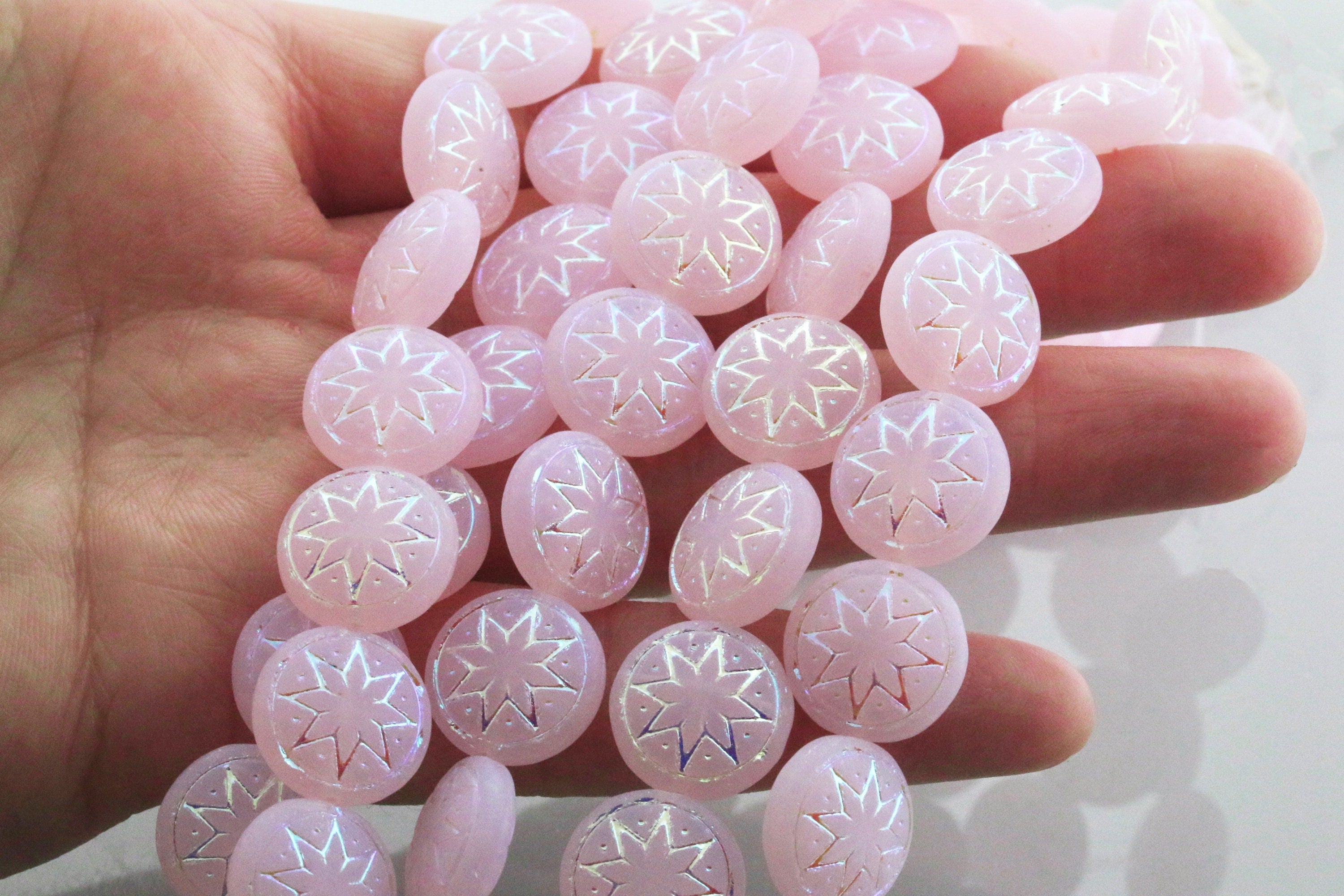 6pcs Czech Star of Ishtar beads - pressed Czech glass puffed coins - FROSTED Light Pink Opal AB - 13mm