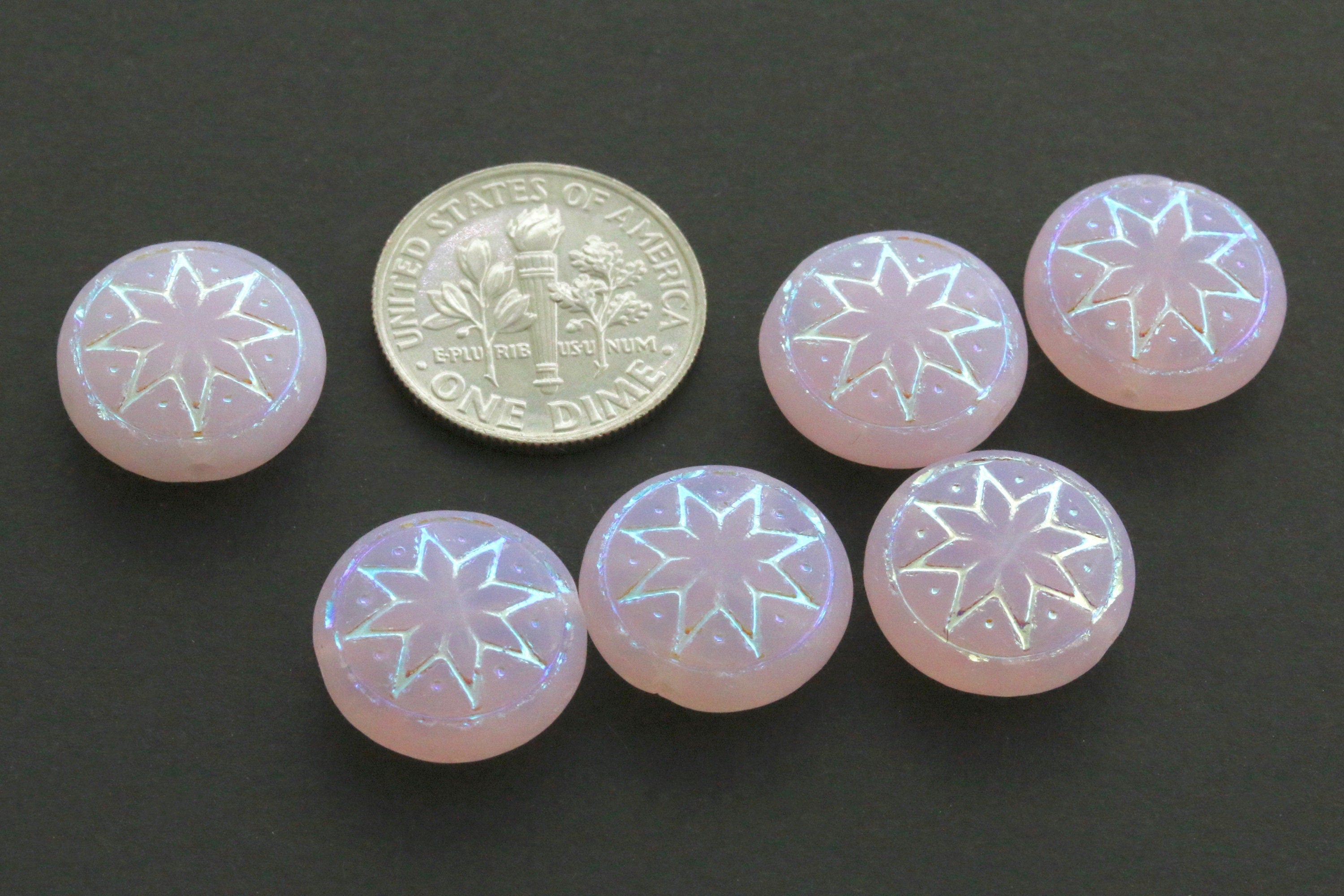 6pcs Czech Star of Ishtar beads - pressed Czech glass puffed coins - FROSTED Light Pink Opal AB - 13mm