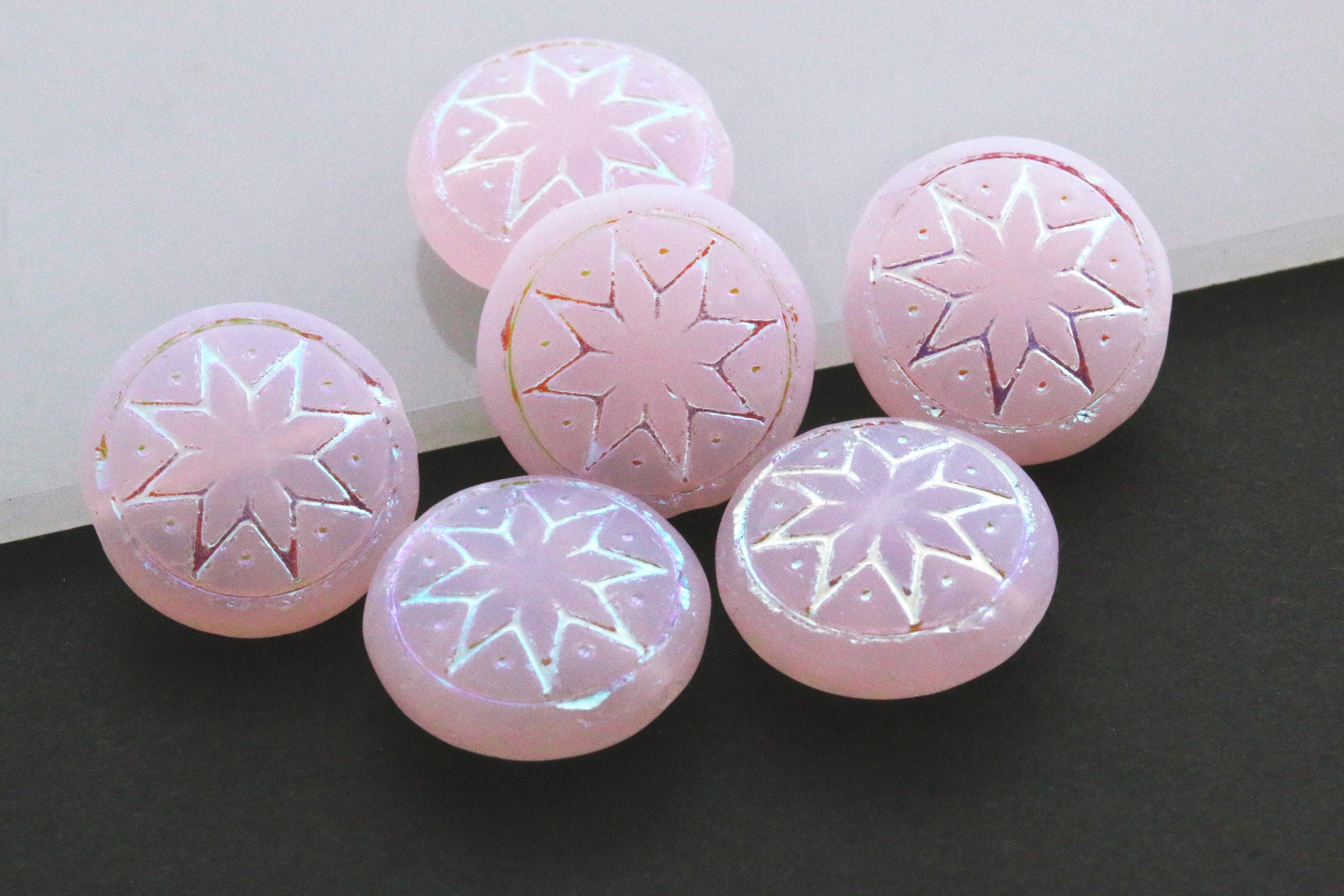 6pcs Czech Star of Ishtar beads - pressed Czech glass puffed coins - FROSTED Light Pink Opal AB - 13mm