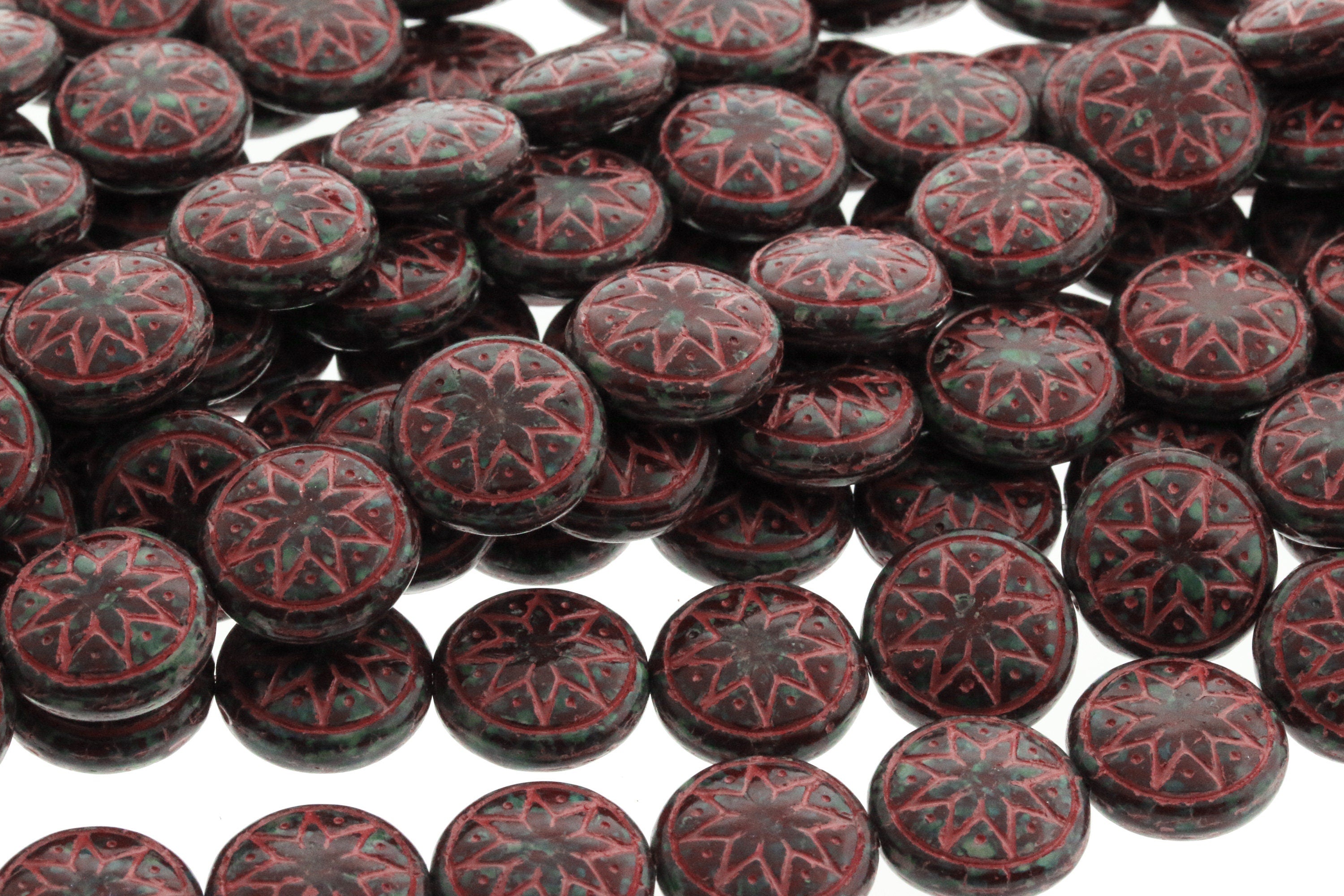 6pcs Czech Star of Ishtar beads - pressed Czech glass puffed coins - Umber TRAVERTINE with CORAL wash - 13mm