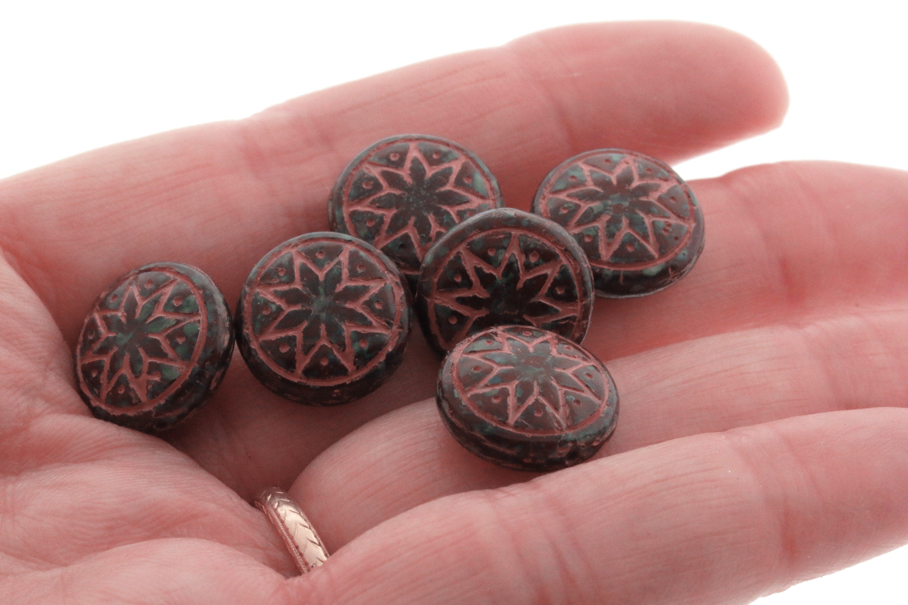 6pcs Czech Star of Ishtar beads - pressed Czech glass puffed coins - Umber TRAVERTINE with CORAL wash - 13mm