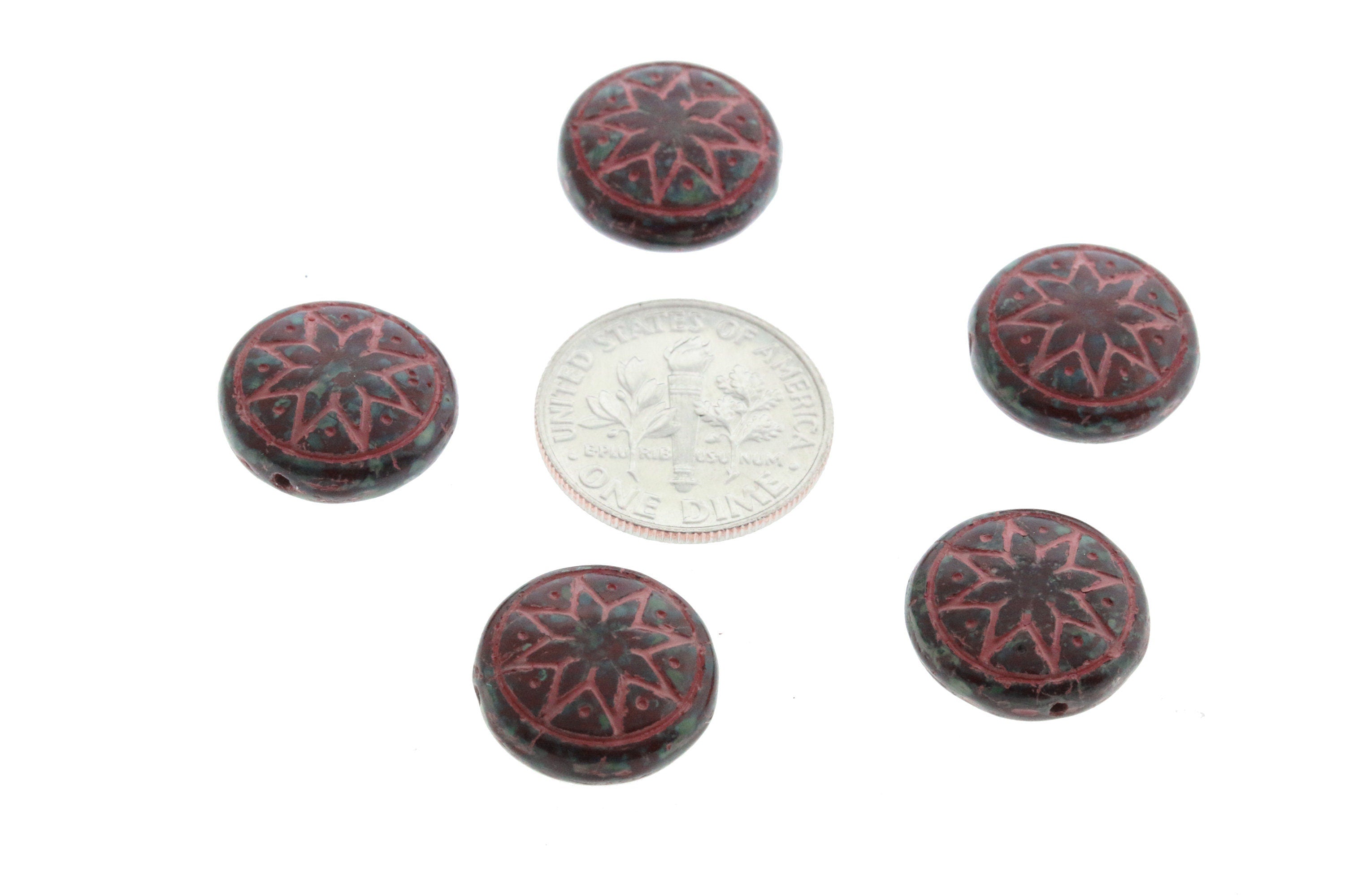 6pcs Czech Star of Ishtar beads - pressed Czech glass puffed coins - Umber TRAVERTINE with CORAL wash - 13mm