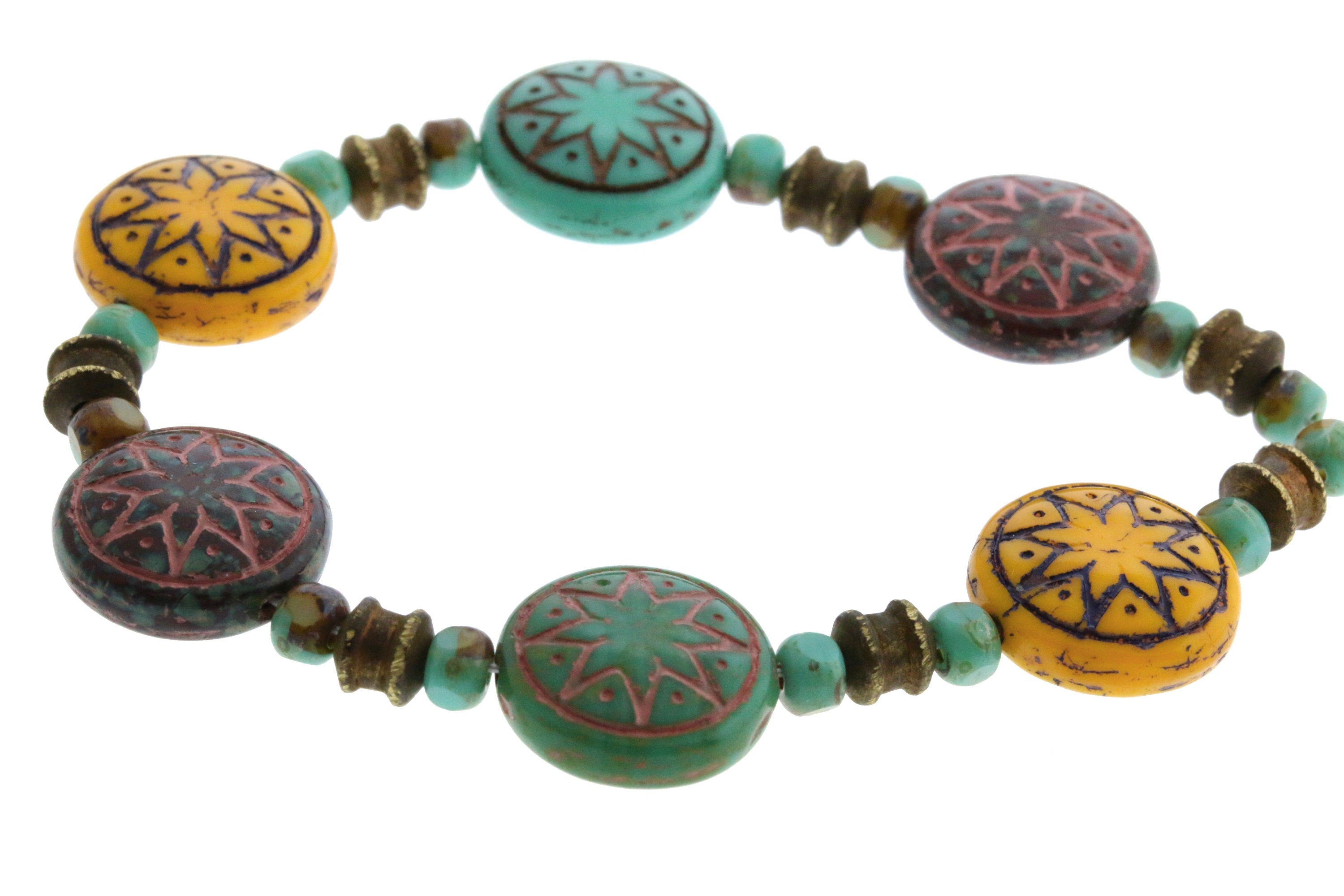 6pcs Czech Star of Ishtar beads - pressed Czech glass puffed coins - Opaque Green Turquoise TRAVERTINE with CORAL wash - 13mm