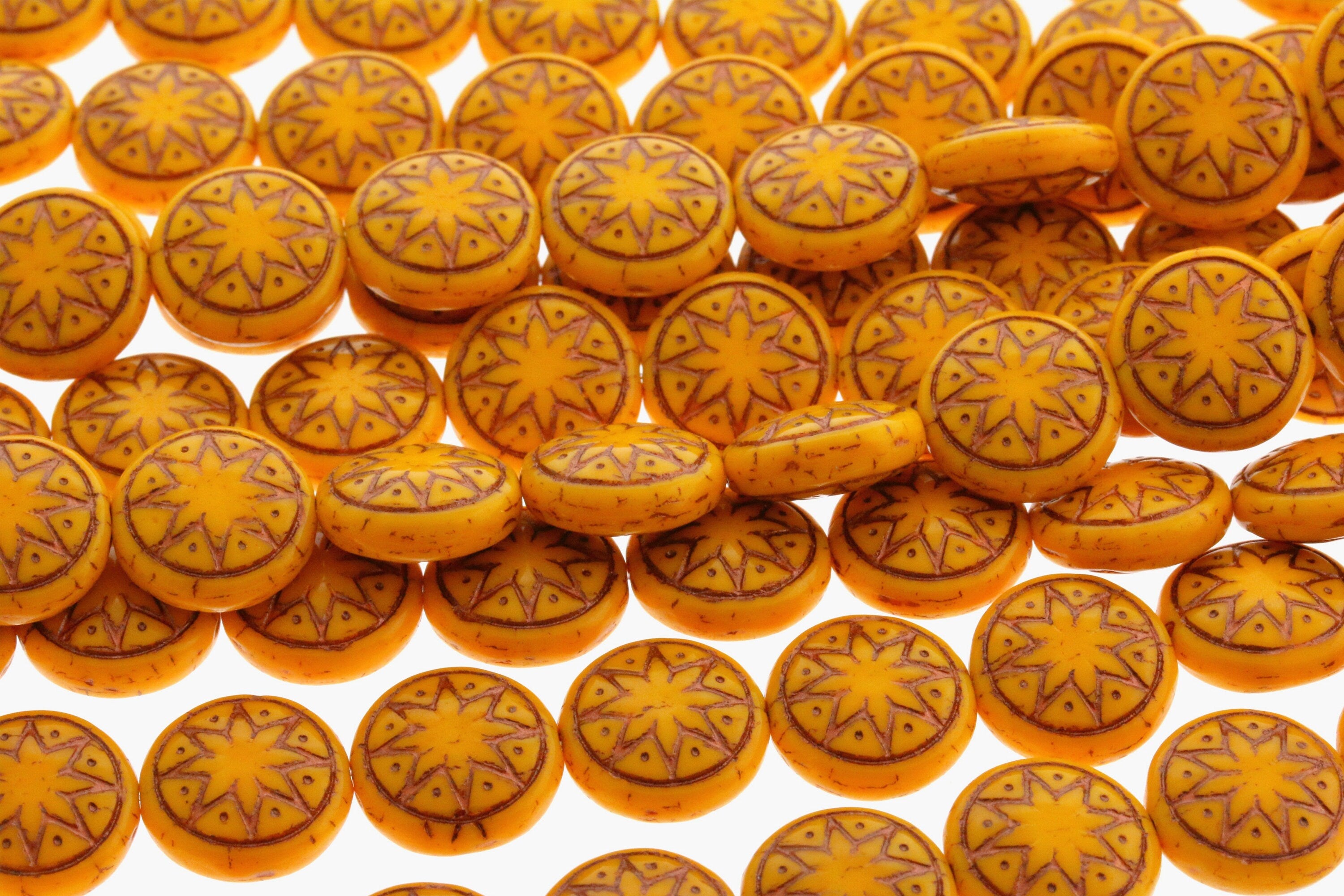 6pcs Czech Star of Ishtar beads - pressed Czech glass puffed coins - Opaque Butterscotch with BRONZE wash - 13mm