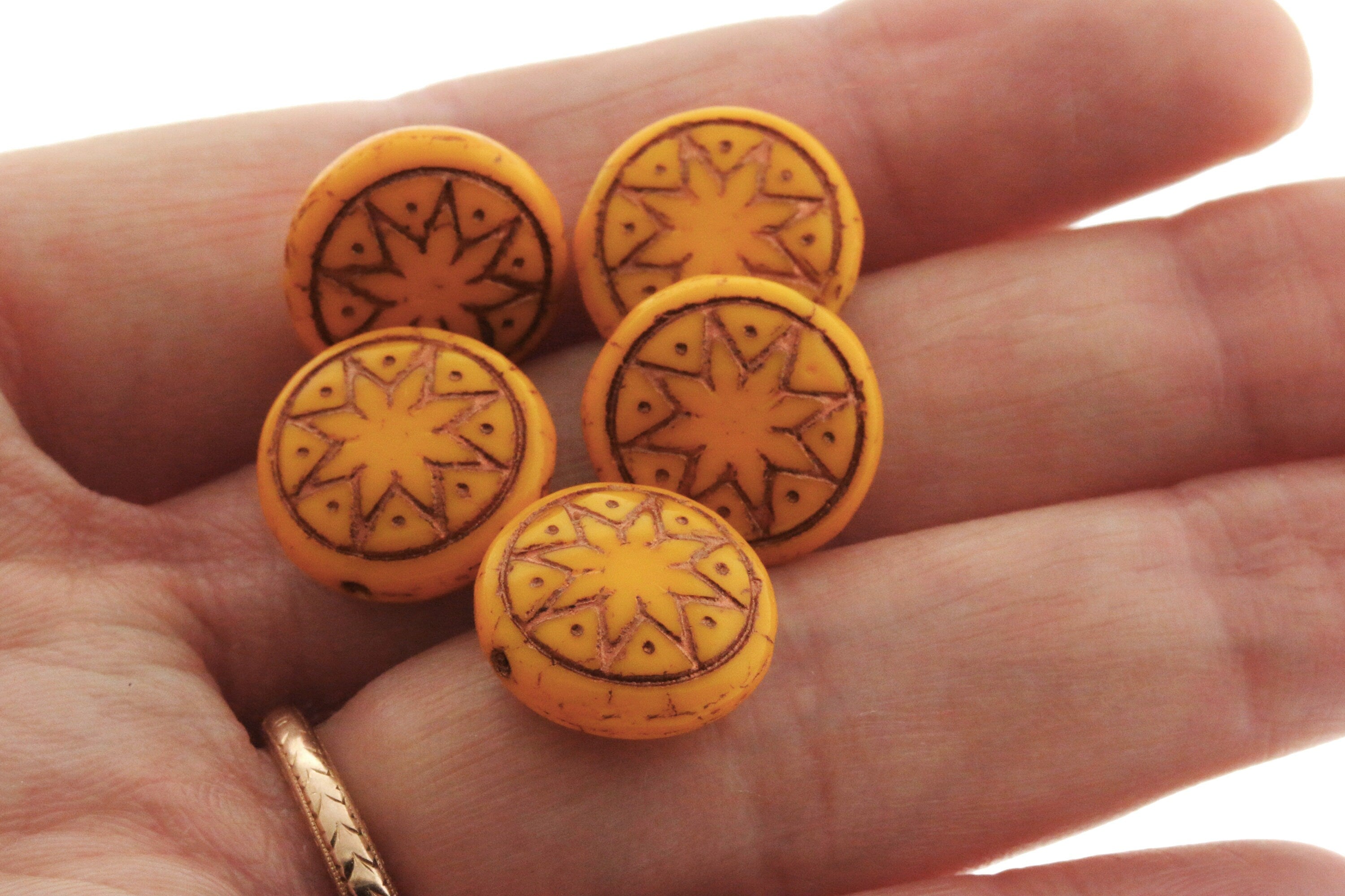 6pcs Czech Star of Ishtar beads - pressed Czech glass puffed coins - Opaque Butterscotch with BRONZE wash - 13mm