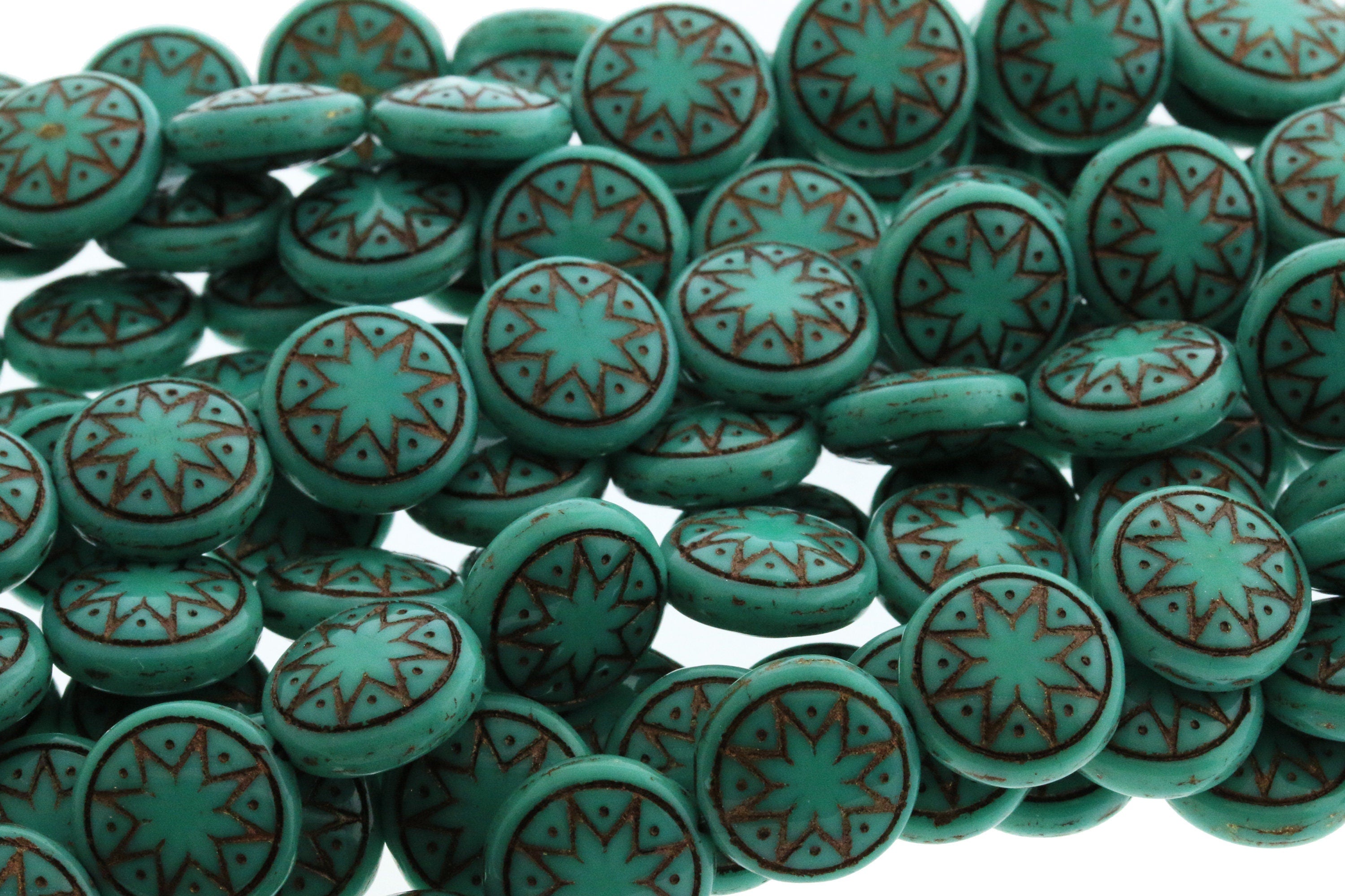 6pcs Czech Star of Ishtar beads - pressed Czech glass puffed coins - Opaque Green Turquoise with DARK BRONZE wash - 13mm