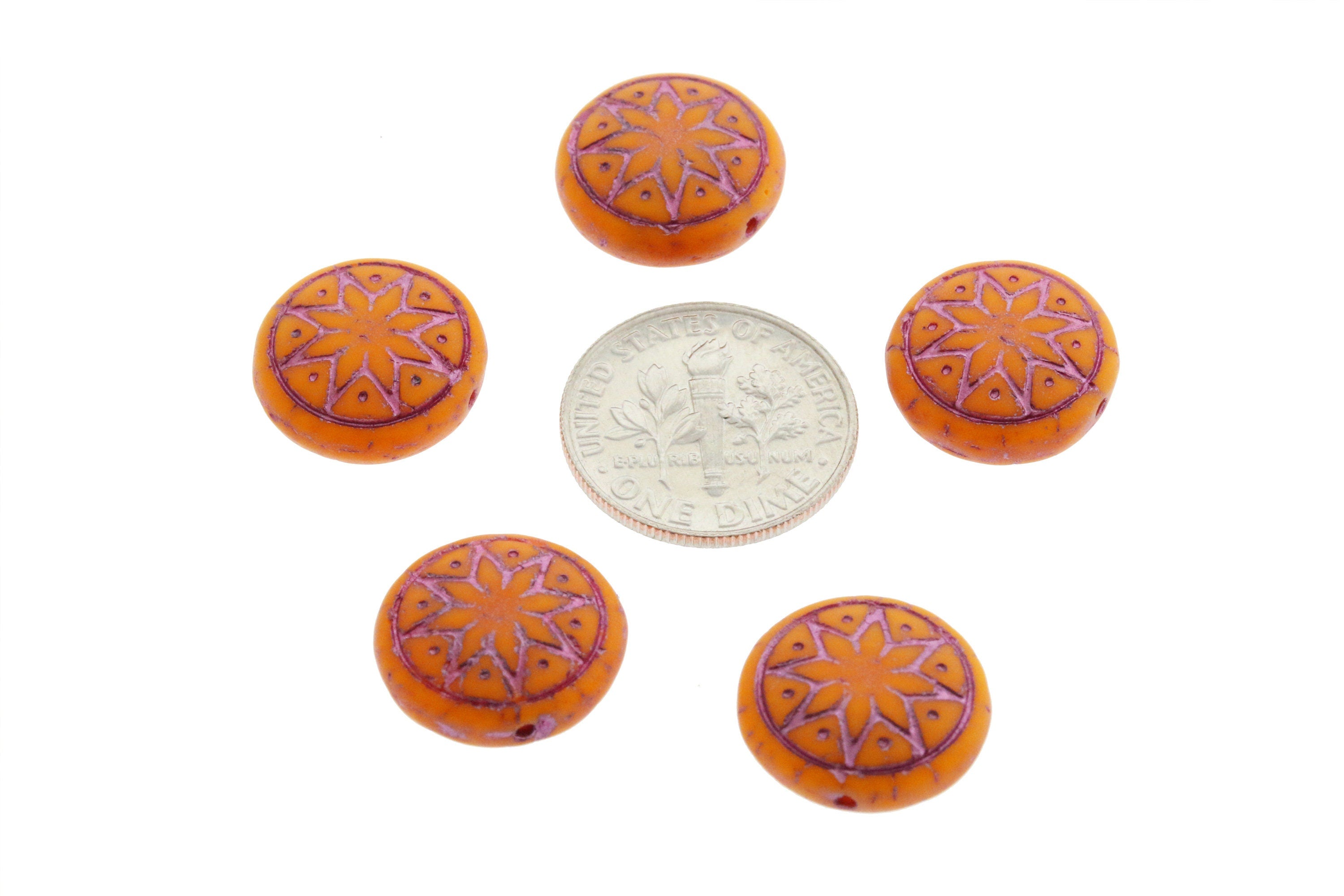 6pcs Czech Star of Ishtar beads - pressed Czech glass puffed coins - MATTE Marigold Orange with METALLIC PINK wash - 13mm