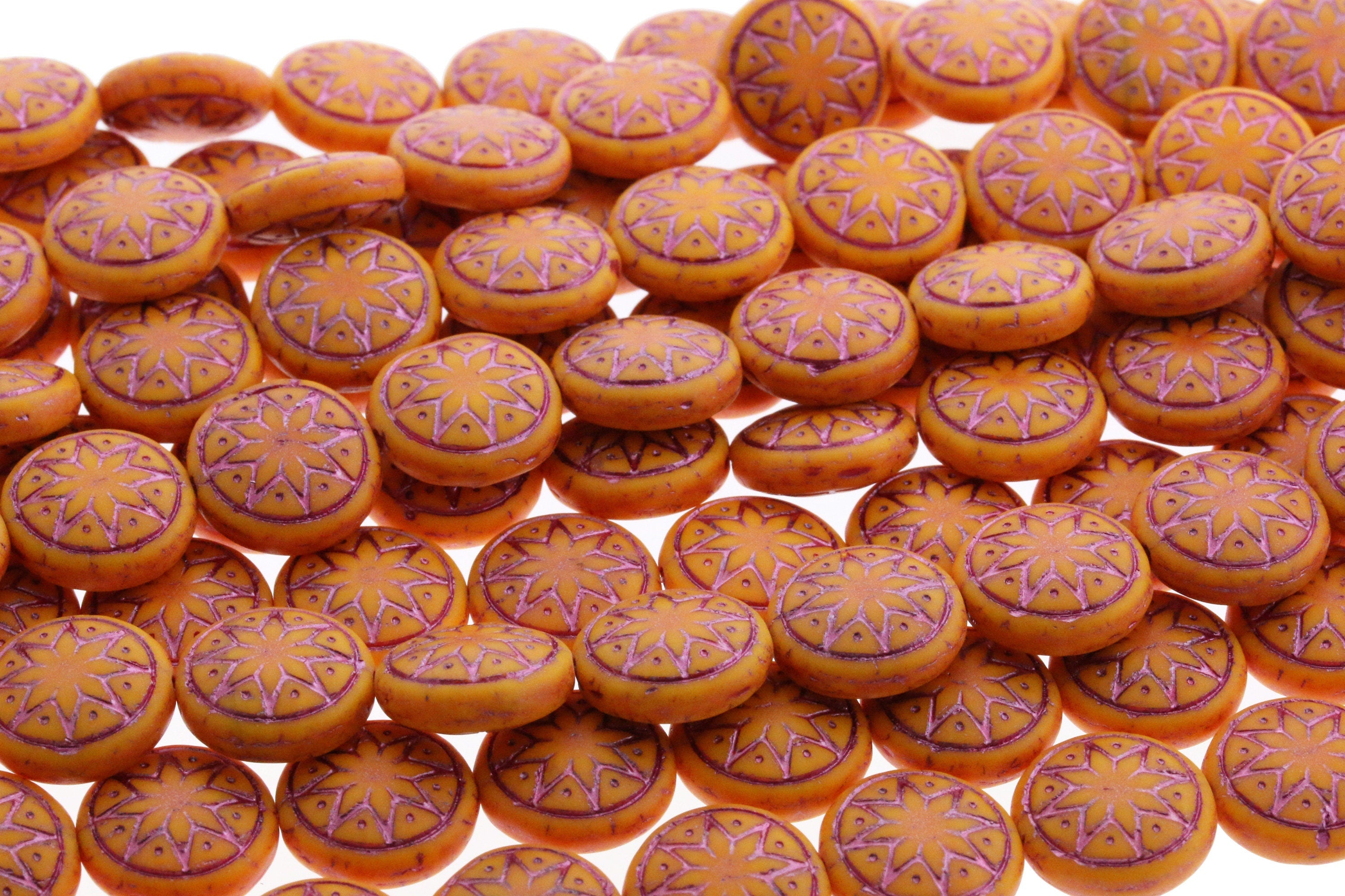 6pcs Czech Star of Ishtar beads - pressed Czech glass puffed coins - MATTE Marigold Orange with METALLIC PINK wash - 13mm