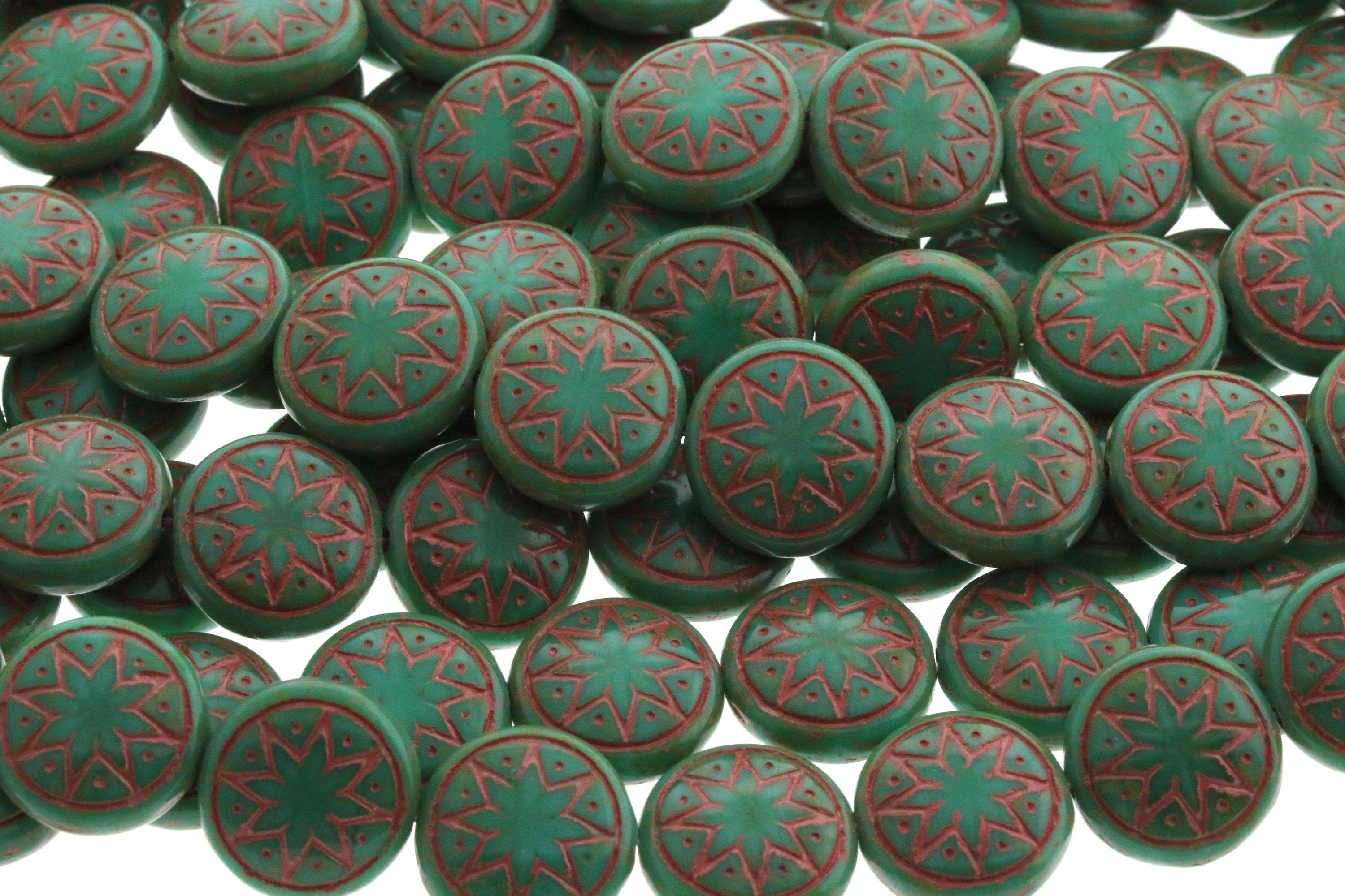 6pcs Czech Star of Ishtar beads - pressed Czech glass puffed coins - Opaque Green Turquoise TRAVERTINE with CORAL wash - 13mm