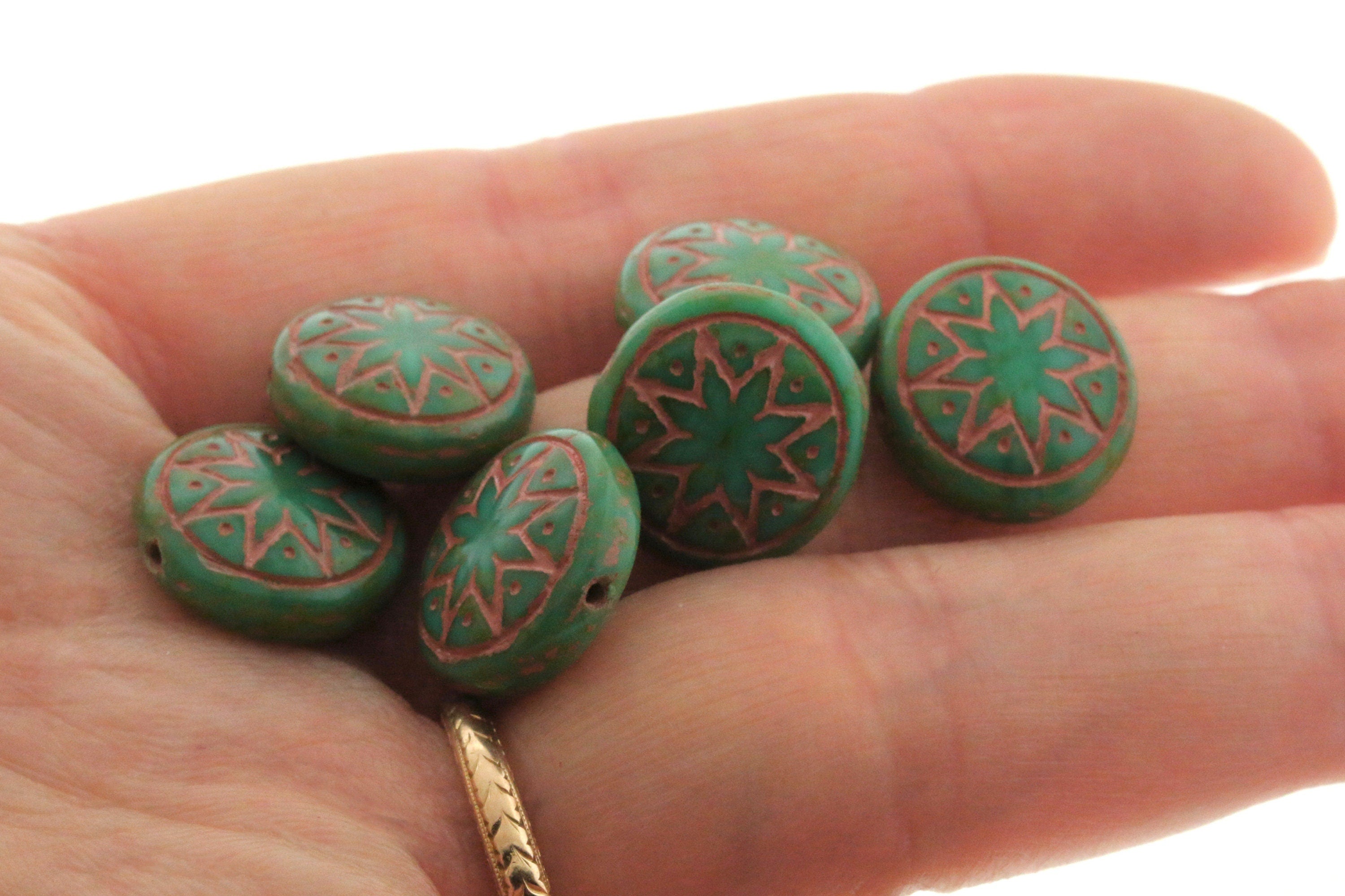 6pcs Czech Star of Ishtar beads - pressed Czech glass puffed coins - Opaque Green Turquoise TRAVERTINE with CORAL wash - 13mm