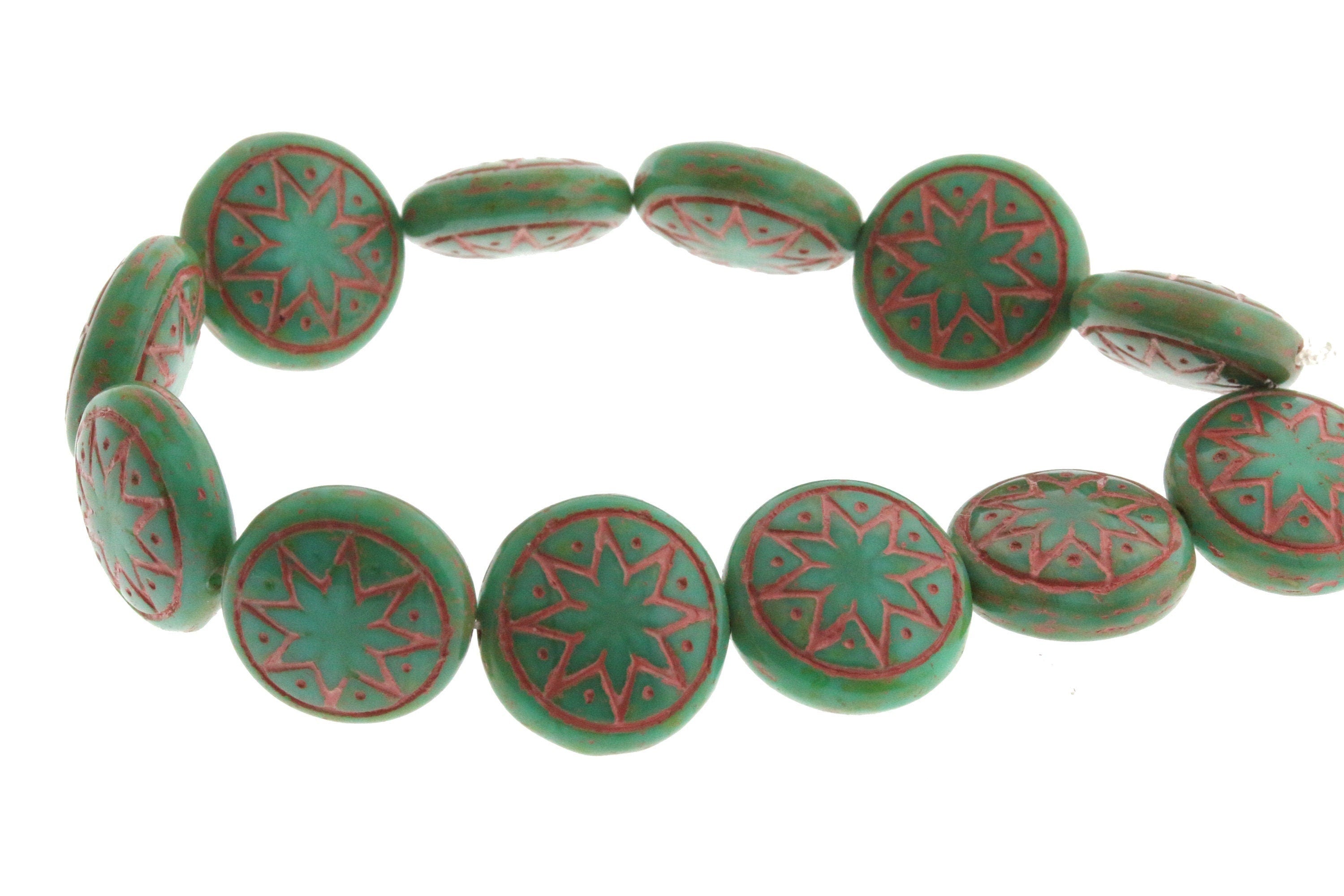 6pcs Czech Star of Ishtar beads - pressed Czech glass puffed coins - Opaque Green Turquoise TRAVERTINE with CORAL wash - 13mm