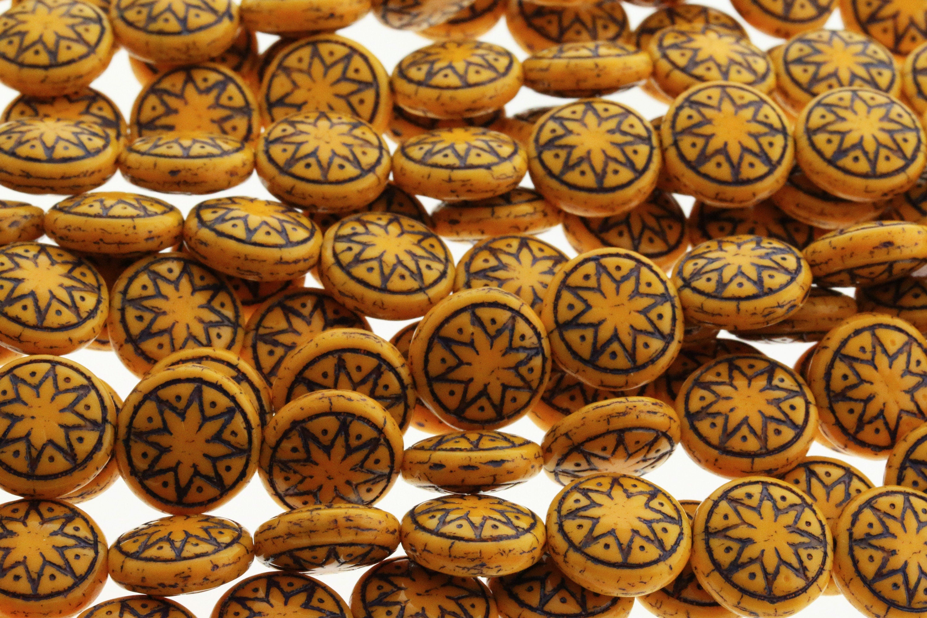 6pcs Czech Star of Ishtar beads - pressed Czech glass puffed coins - Opaque Butterscotch with DARK WINE wash - 13mm