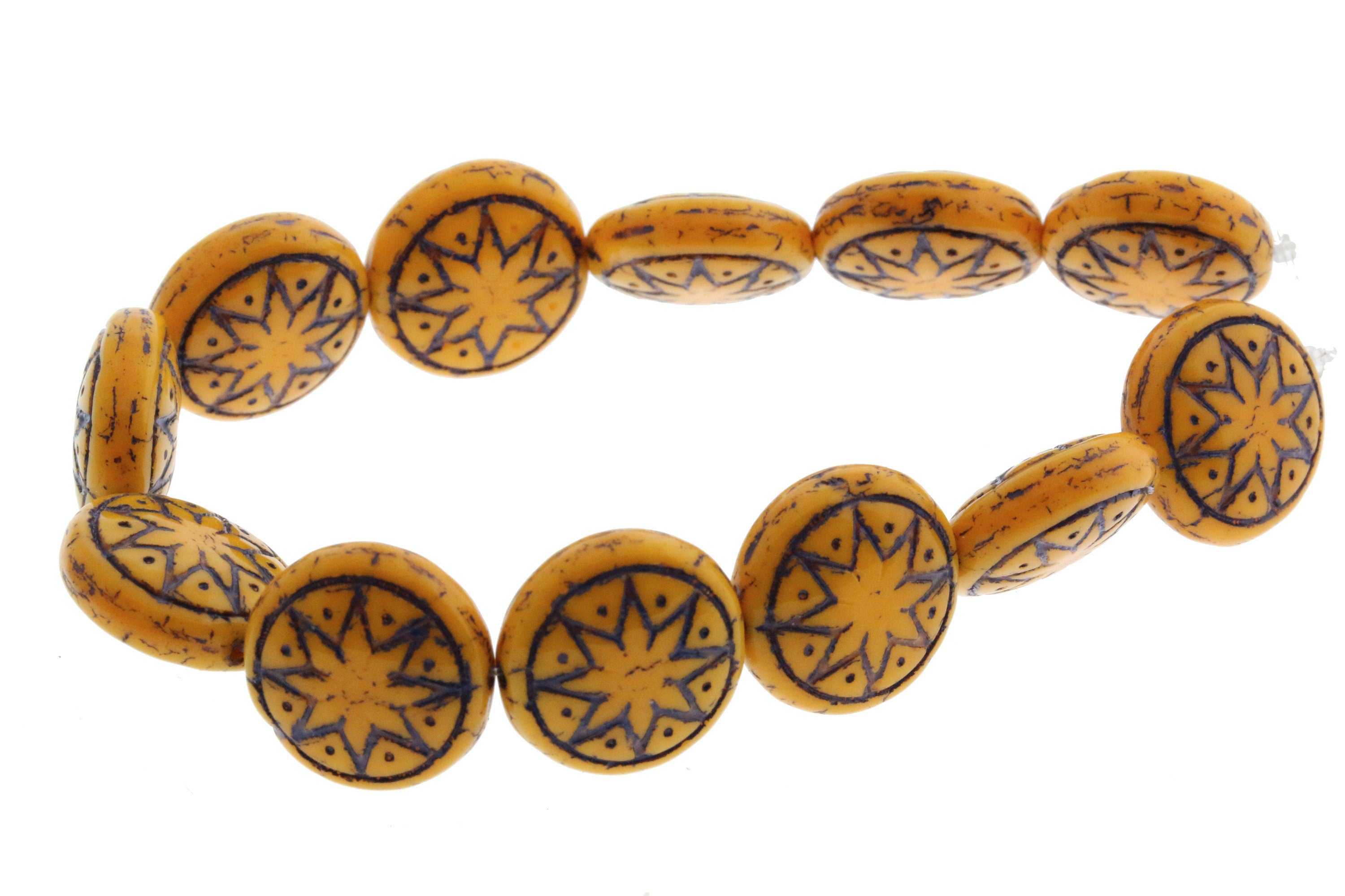 6pcs Czech Star of Ishtar beads - pressed Czech glass puffed coins - Opaque Butterscotch with DARK WINE wash - 13mm