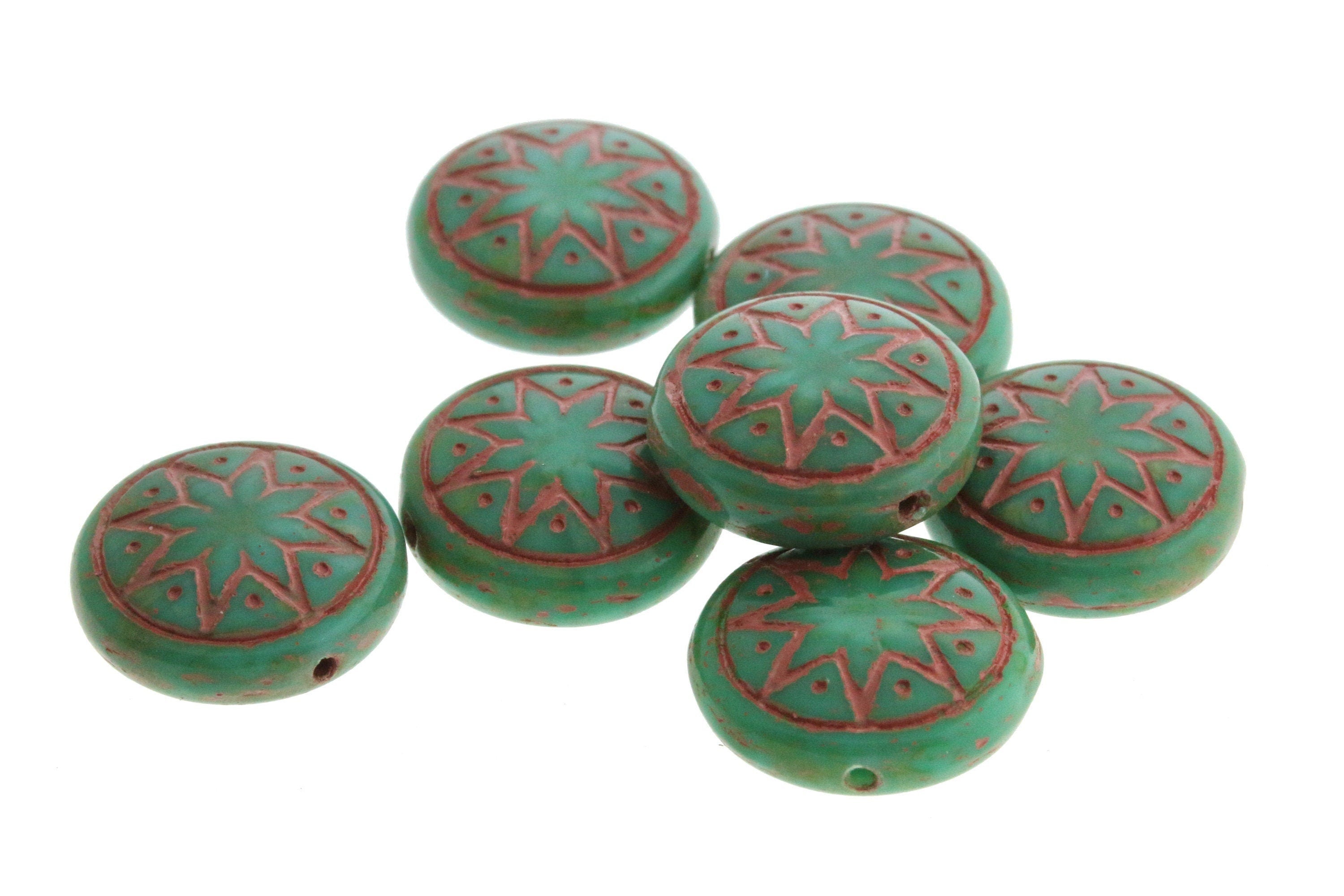 6pcs Czech Star of Ishtar beads - pressed Czech glass puffed coins - Opaque Green Turquoise TRAVERTINE with CORAL wash - 13mm