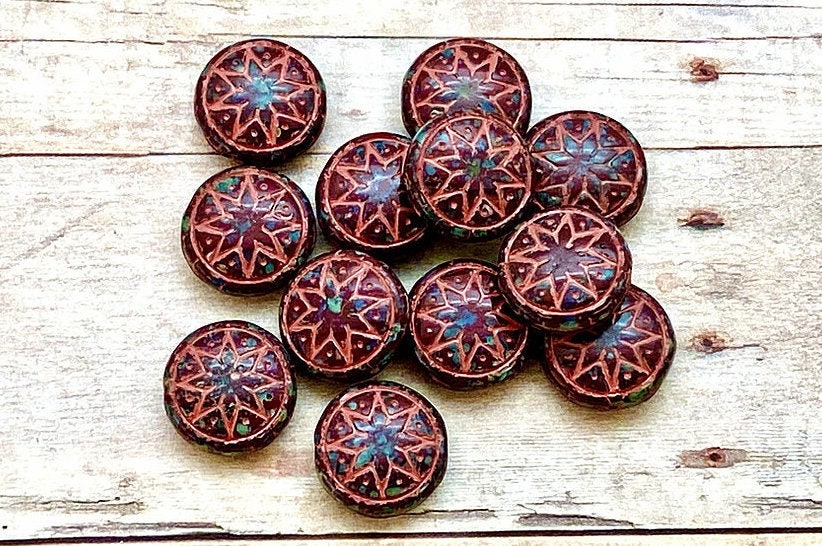 6pcs Czech Star of Ishtar beads - pressed Czech glass puffed coins - Umber TRAVERTINE with CORAL wash - 13mm