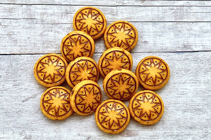 6pcs Czech Star of Ishtar beads - pressed Czech glass puffed coins - Opaque Butterscotch with BRONZE wash - 13mm