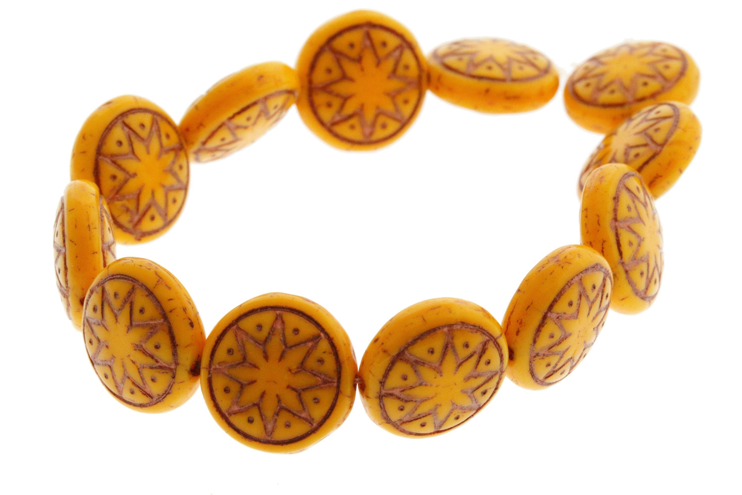 6pcs Czech Star of Ishtar beads - pressed Czech glass puffed coins - Opaque Butterscotch with BRONZE wash - 13mm