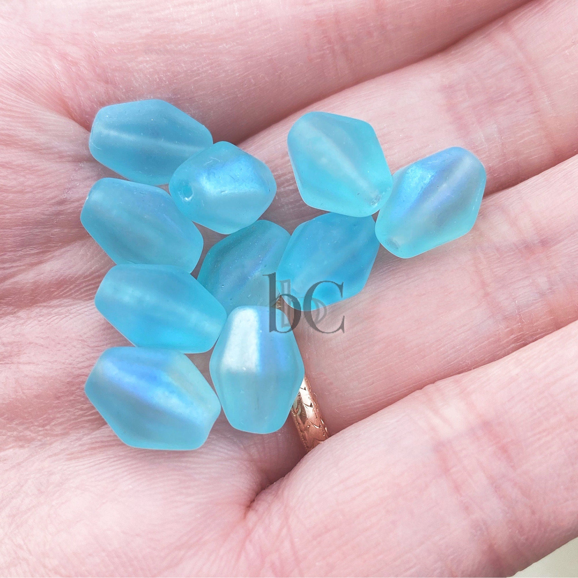 6pcs FROSTED Czech Bicone glass beads - MATTE Aquamarine AB - 10x8.5mm