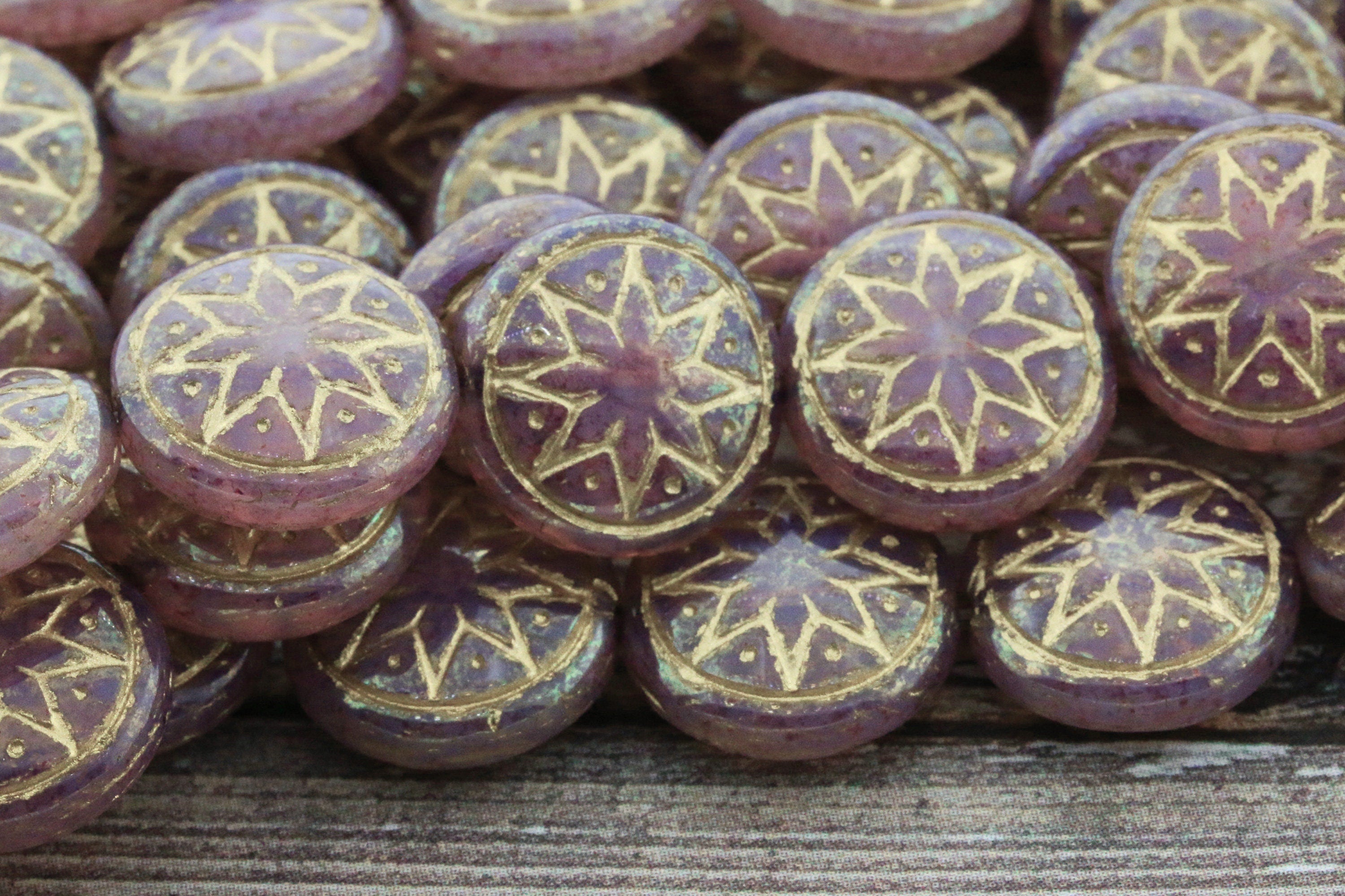 6pcs Czech Star of Ishtar beads - pressed Czech glass puffed coins - Light Pink Opal PATINA LUSTER GOLD Wash - 13mm