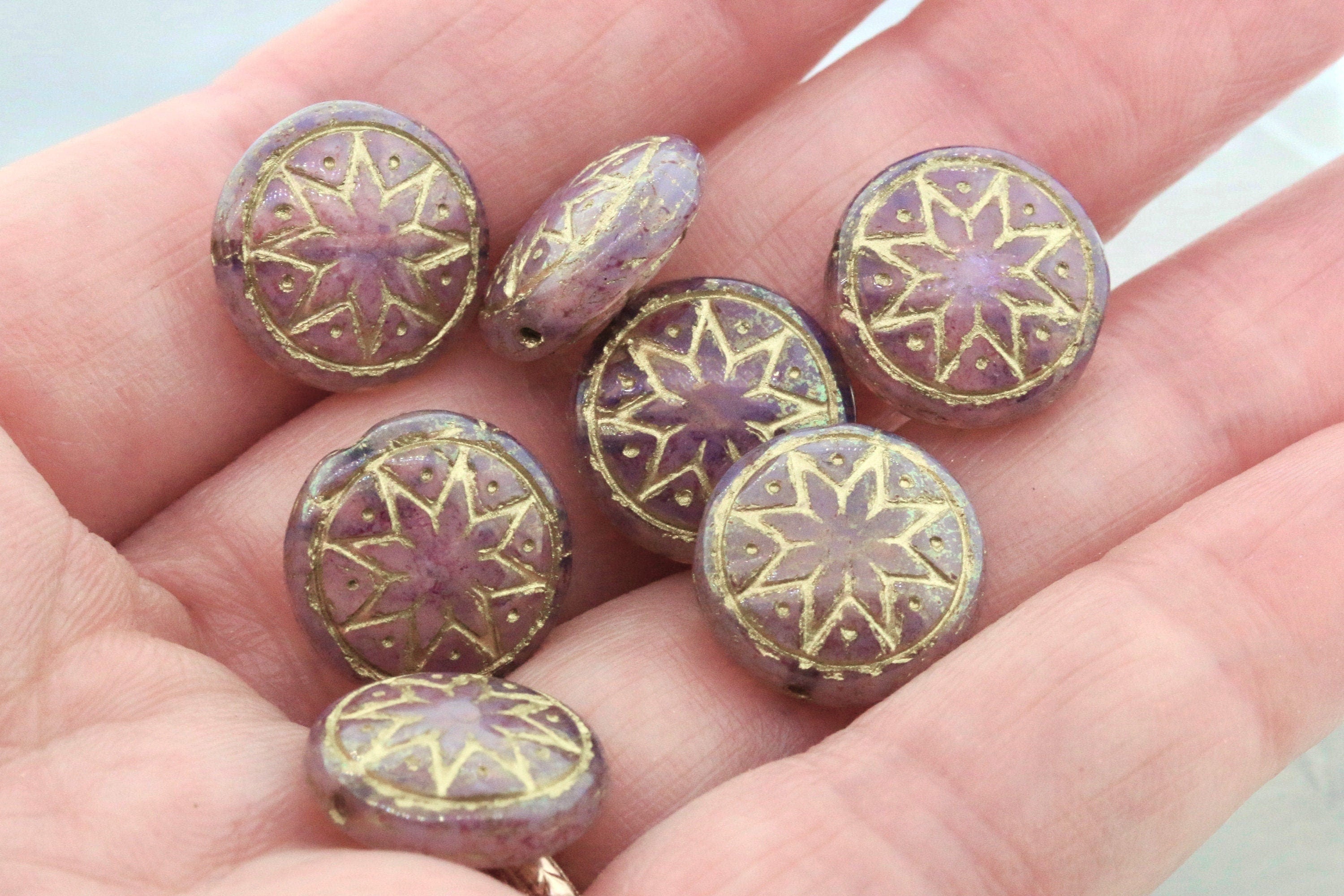 6pcs Czech Star of Ishtar beads - pressed Czech glass puffed coins - Light Pink Opal PATINA LUSTER GOLD Wash - 13mm