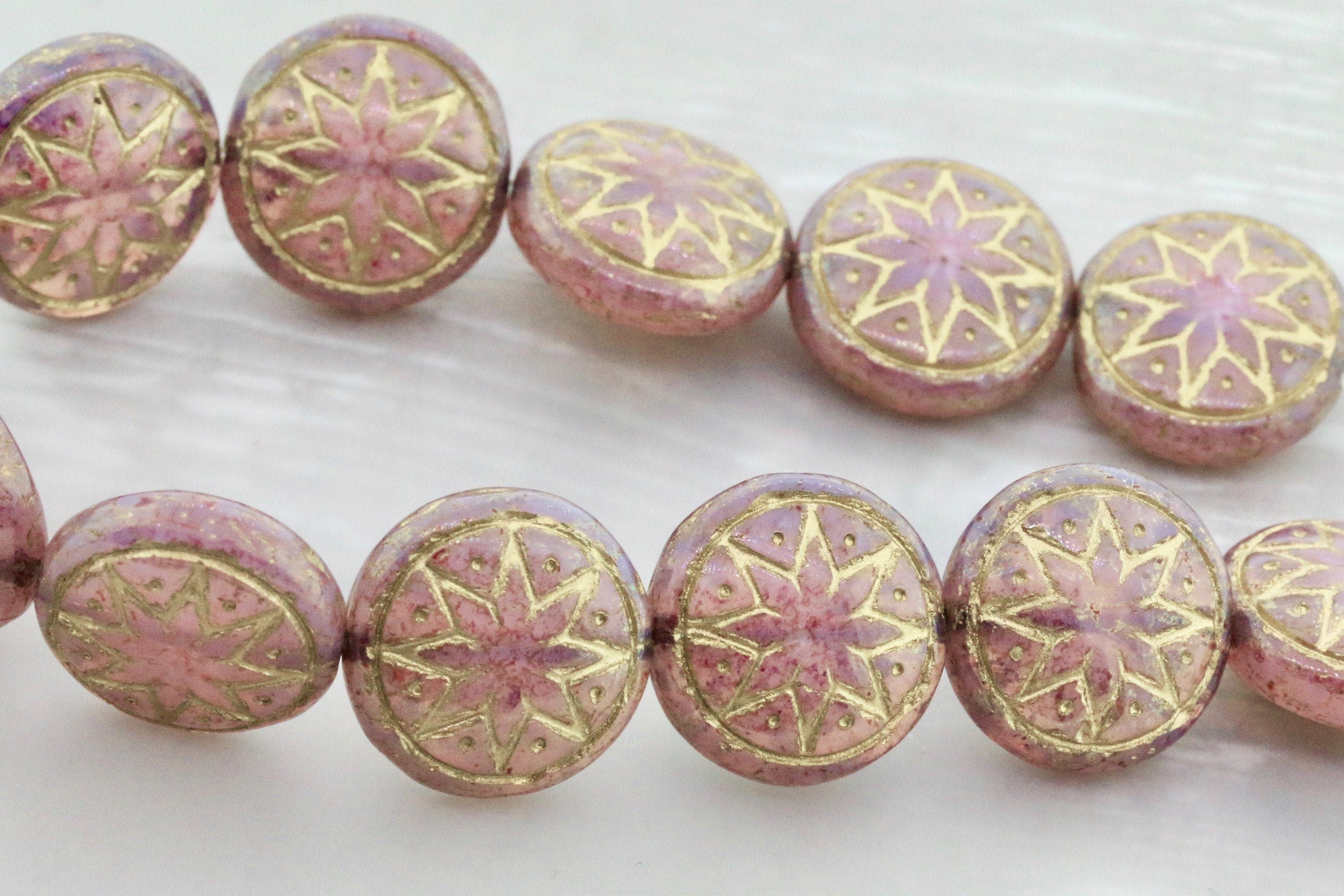 6pcs Czech Star of Ishtar beads - pressed Czech glass puffed coins - Light Pink Opal PATINA LUSTER GOLD Wash - 13mm