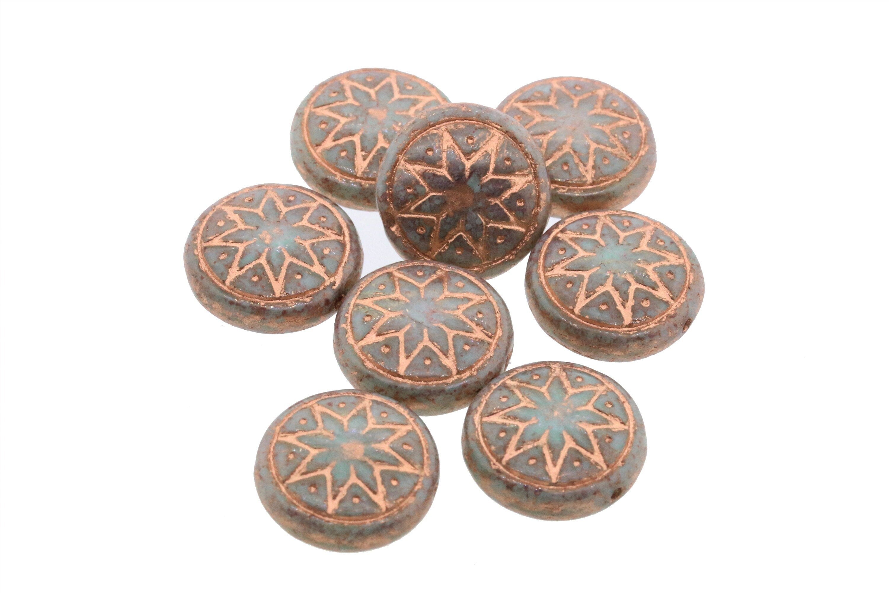 6pcs Czech Star of Ishtar beads - pressed Czech glass puffed coins - Pale Jade TERACOTA LUSTER Rose GOLD Wash - 13mm