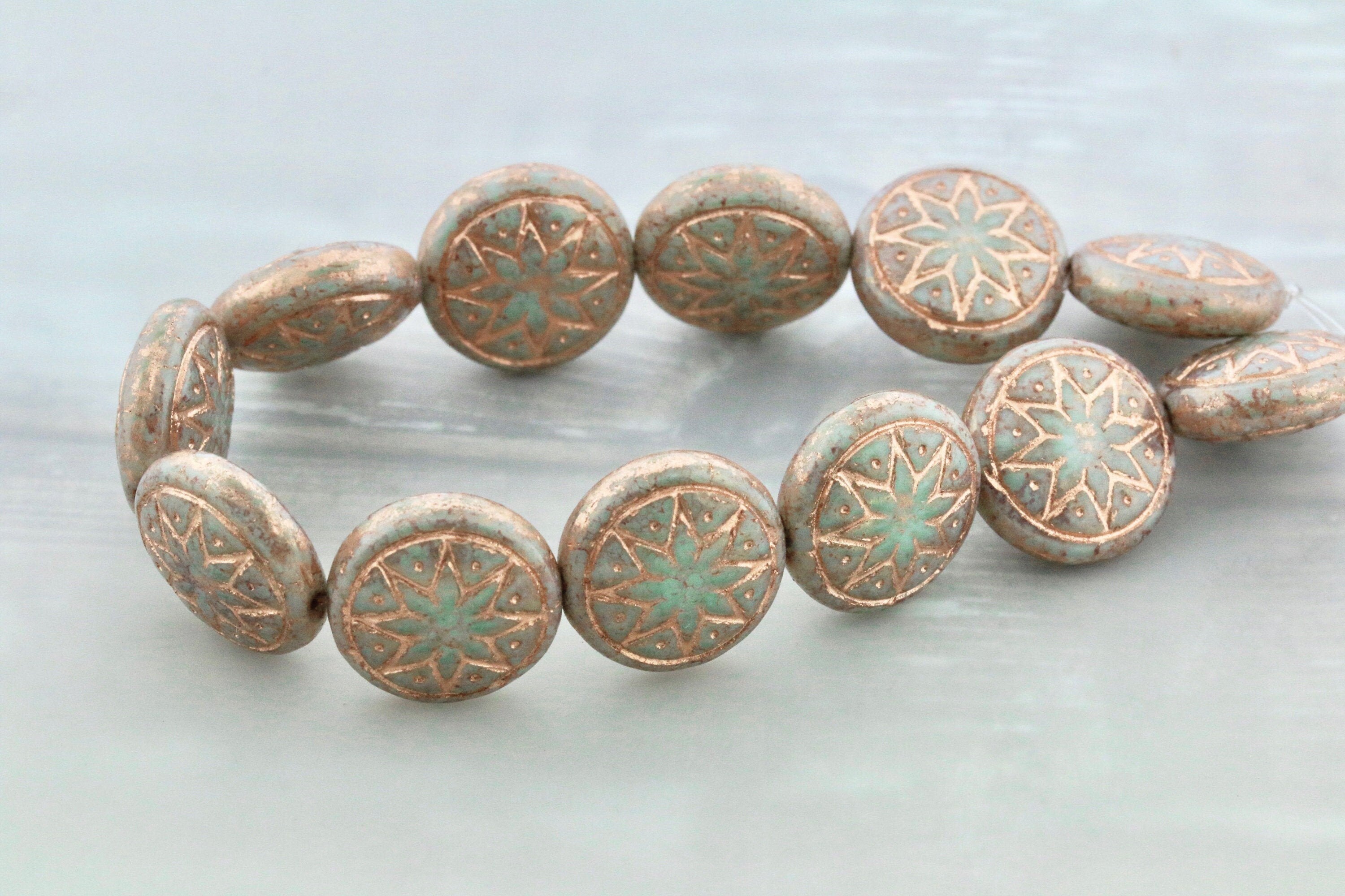 6pcs Czech Star of Ishtar beads - pressed Czech glass puffed coins - Pale Jade TERACOTA LUSTER Rose GOLD Wash - 13mm