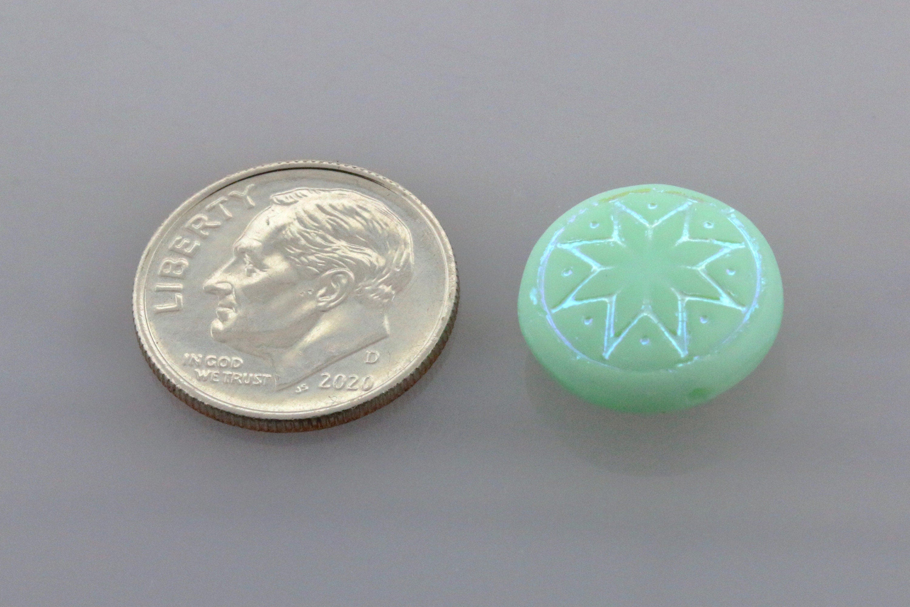 6pcs Czech Star of Ishtar beads - pressed Czech glass puffed coins - FROSTED Pale Mint Jadeite AB - 13mm