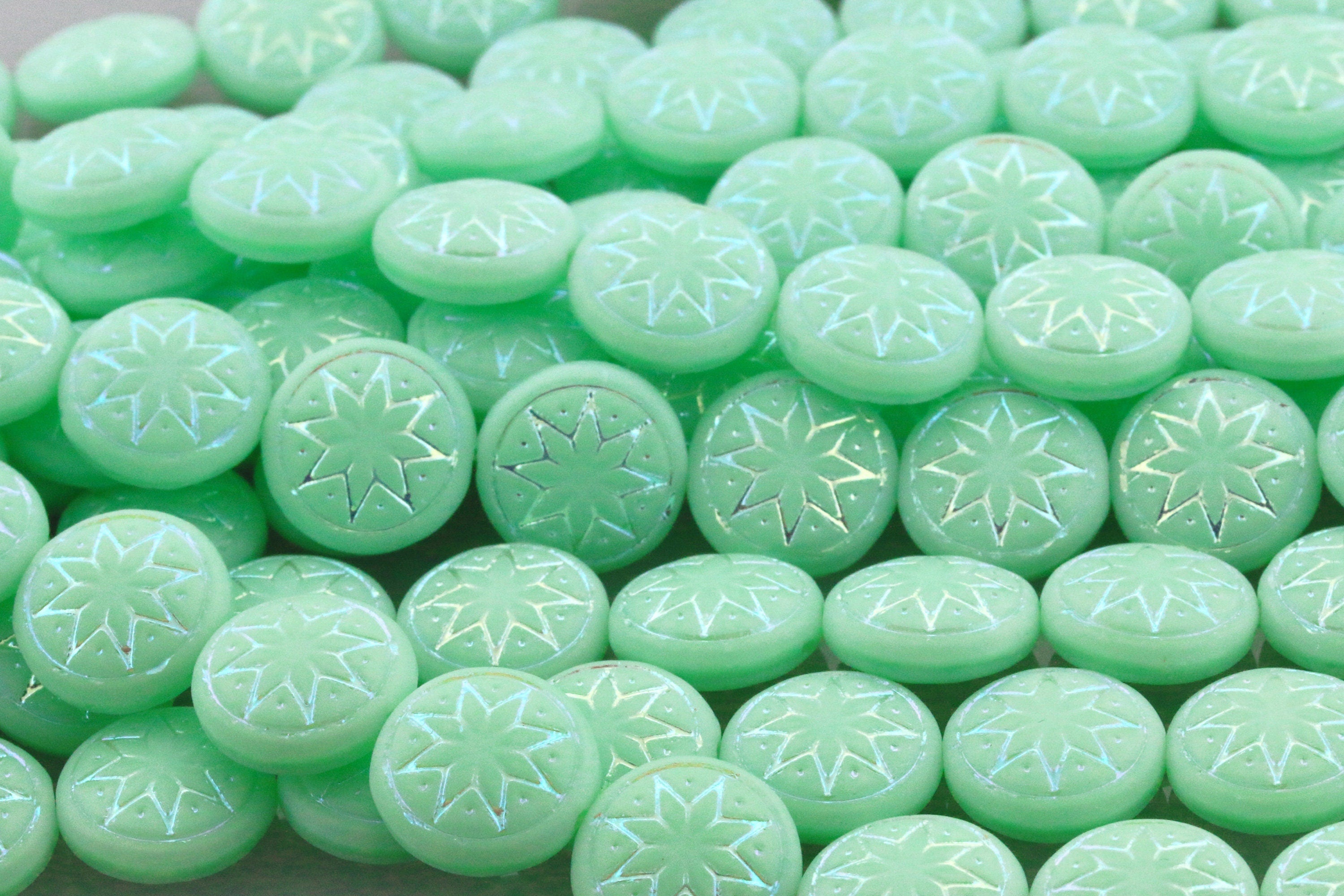 6pcs Czech Star of Ishtar beads - pressed Czech glass puffed coins - FROSTED Pale Mint Jadeite AB - 13mm