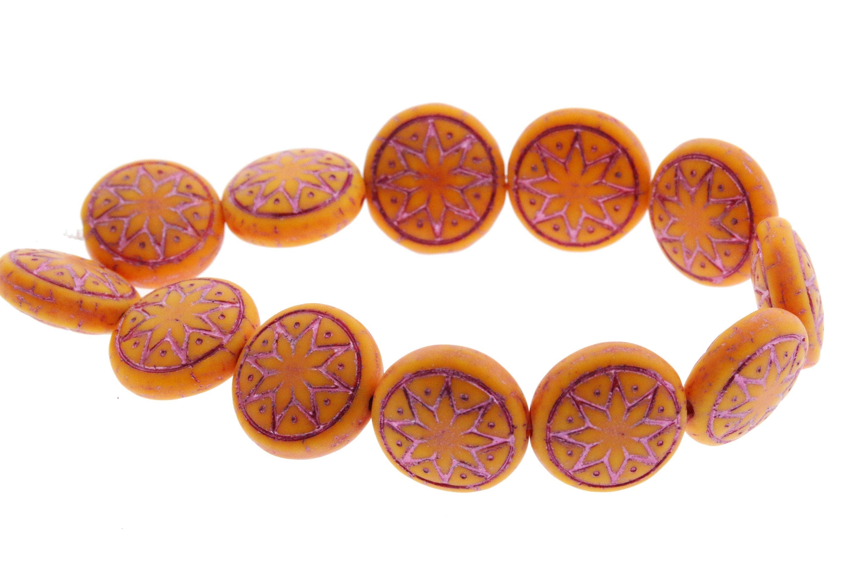 6pcs Czech Star of Ishtar beads - pressed Czech glass puffed coins - MATTE Marigold Orange with METALLIC PINK wash - 13mm