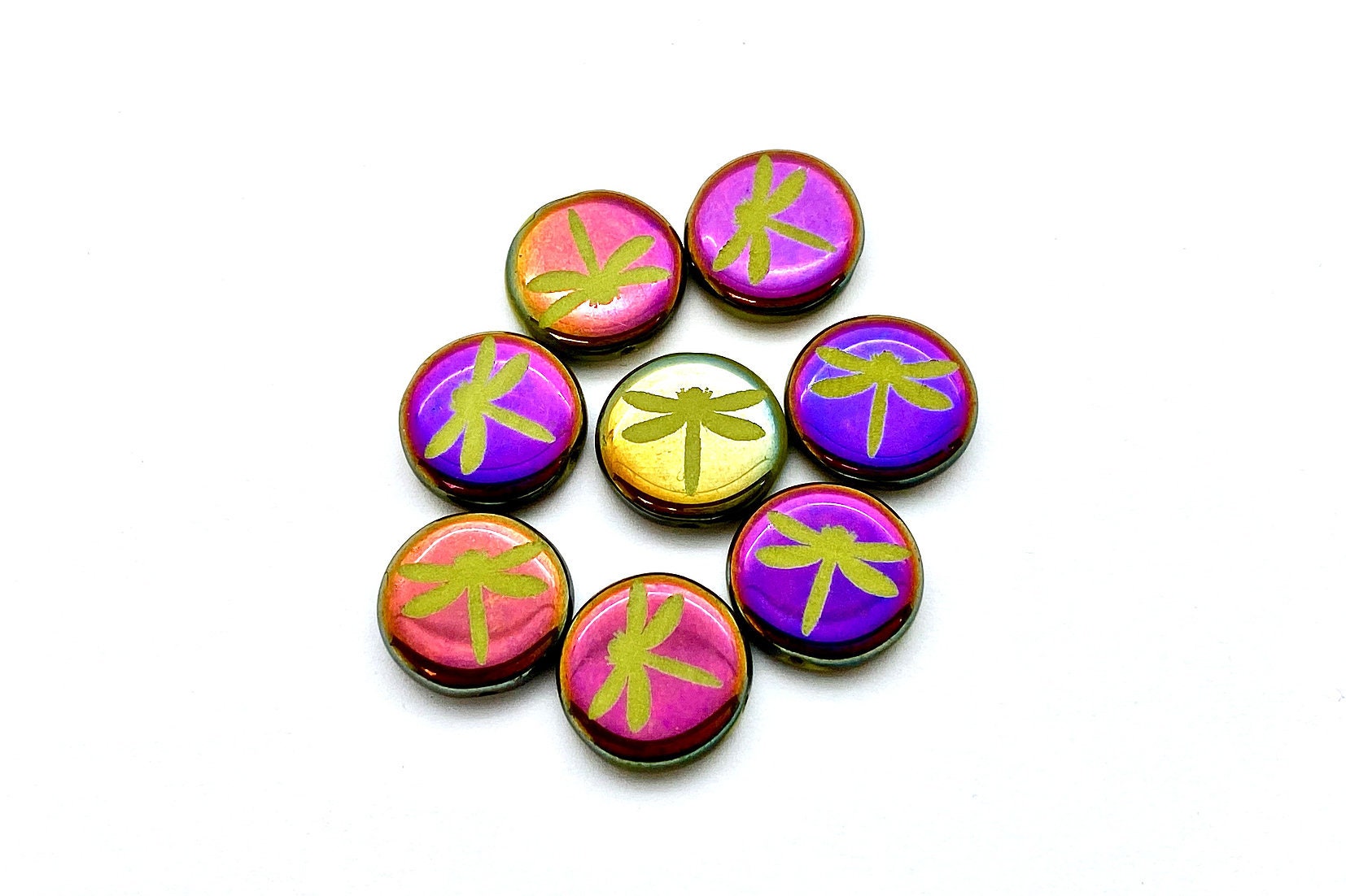 Dragonfly 14mm Coin Bead (8 Beads) Chartreuse Shiny Sliperit - Laser Tattoo Czech Glass Beads