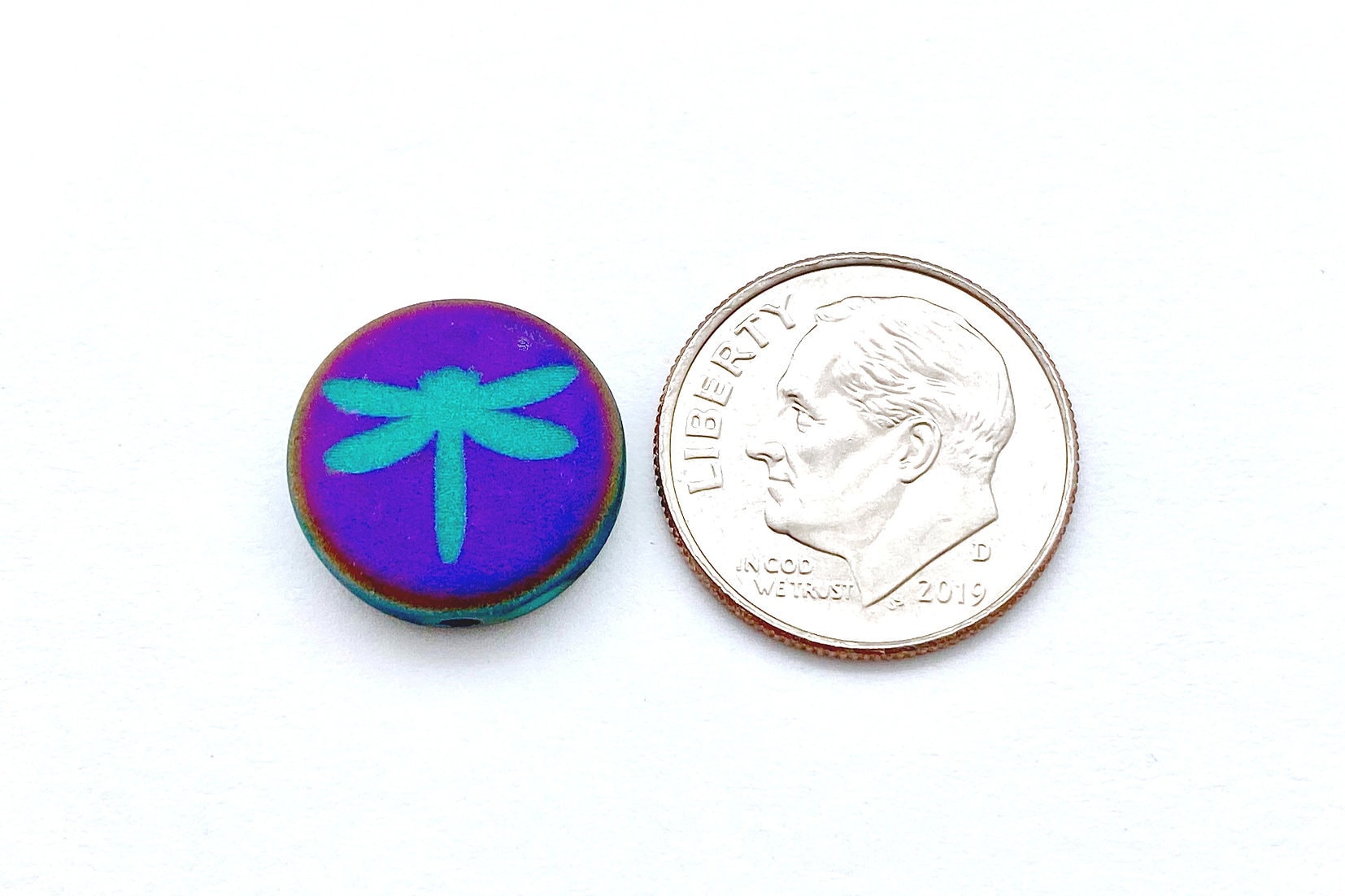 Czech Beads 14mm Turquoise Coin Bead with Satin Matte Sliperit Laser Tattoo Dragonfly