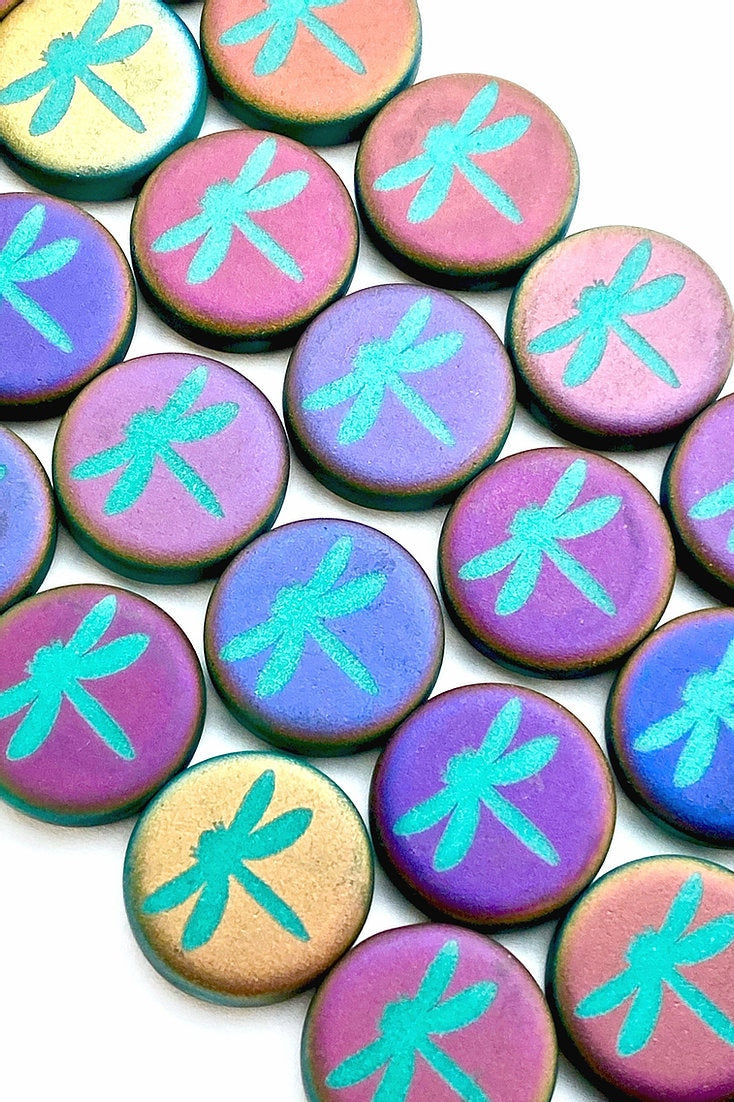 Czech Beads 14mm Turquoise Coin Bead with Satin Matte Sliperit Laser Tattoo Dragonfly