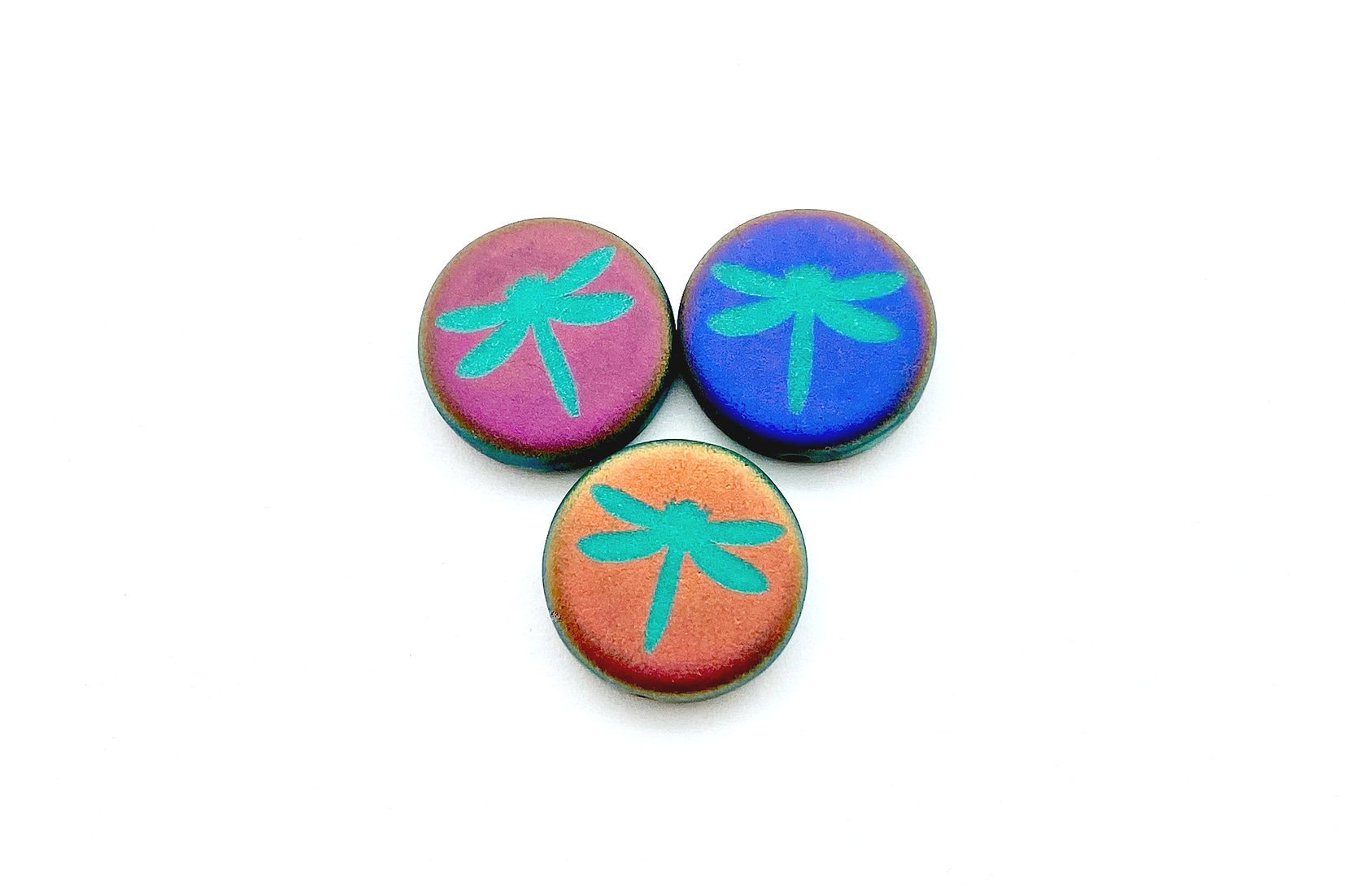 Czech Beads 14mm Turquoise Coin Bead with Satin Matte Sliperit Laser Tattoo Dragonfly