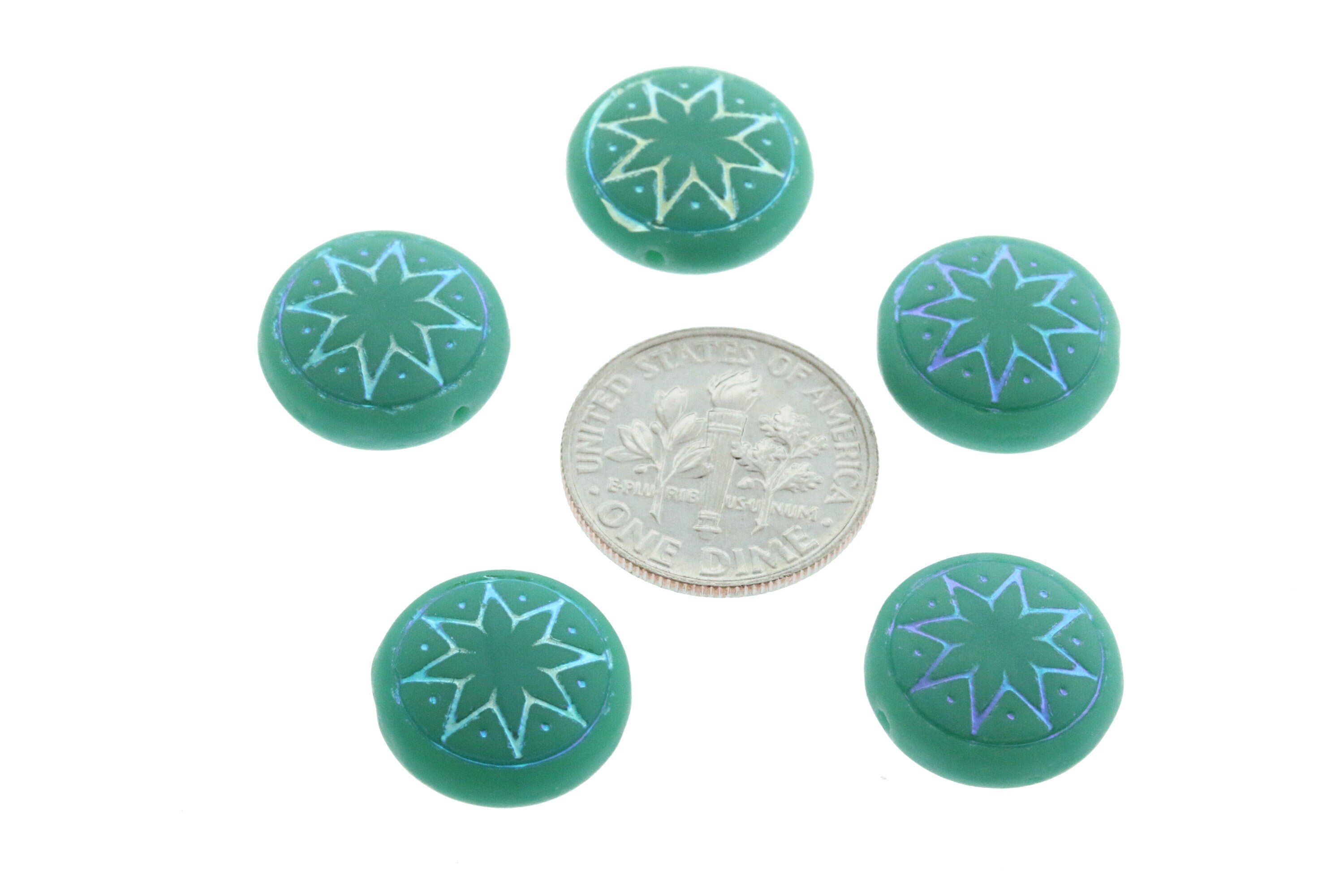 6pcs Czech Star of Ishtar beads - pressed Czech glass puffed coins - FROSTED Green Turquoise AB - 13mm