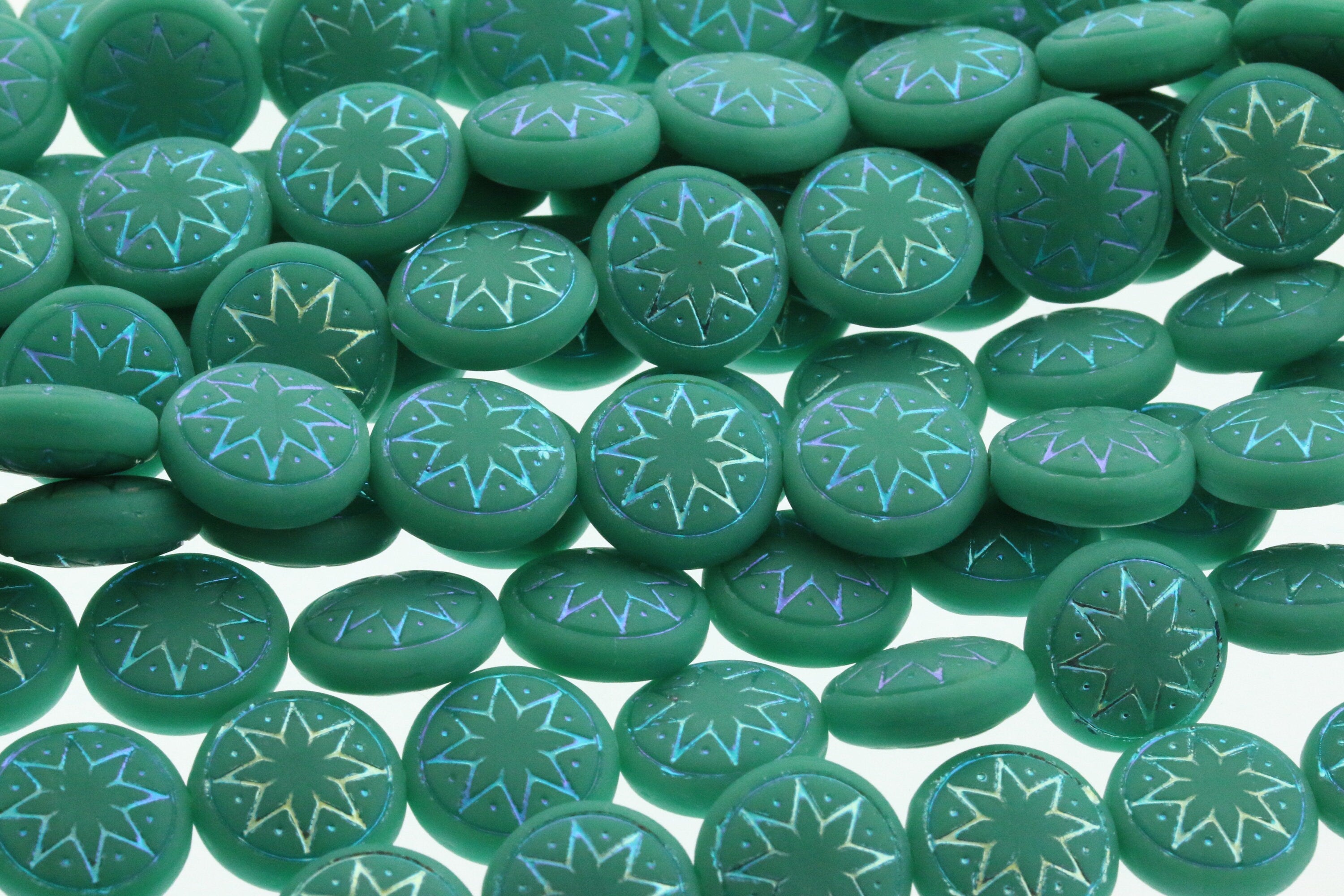 6pcs Czech Star of Ishtar beads - pressed Czech glass puffed coins - FROSTED Green Turquoise AB - 13mm