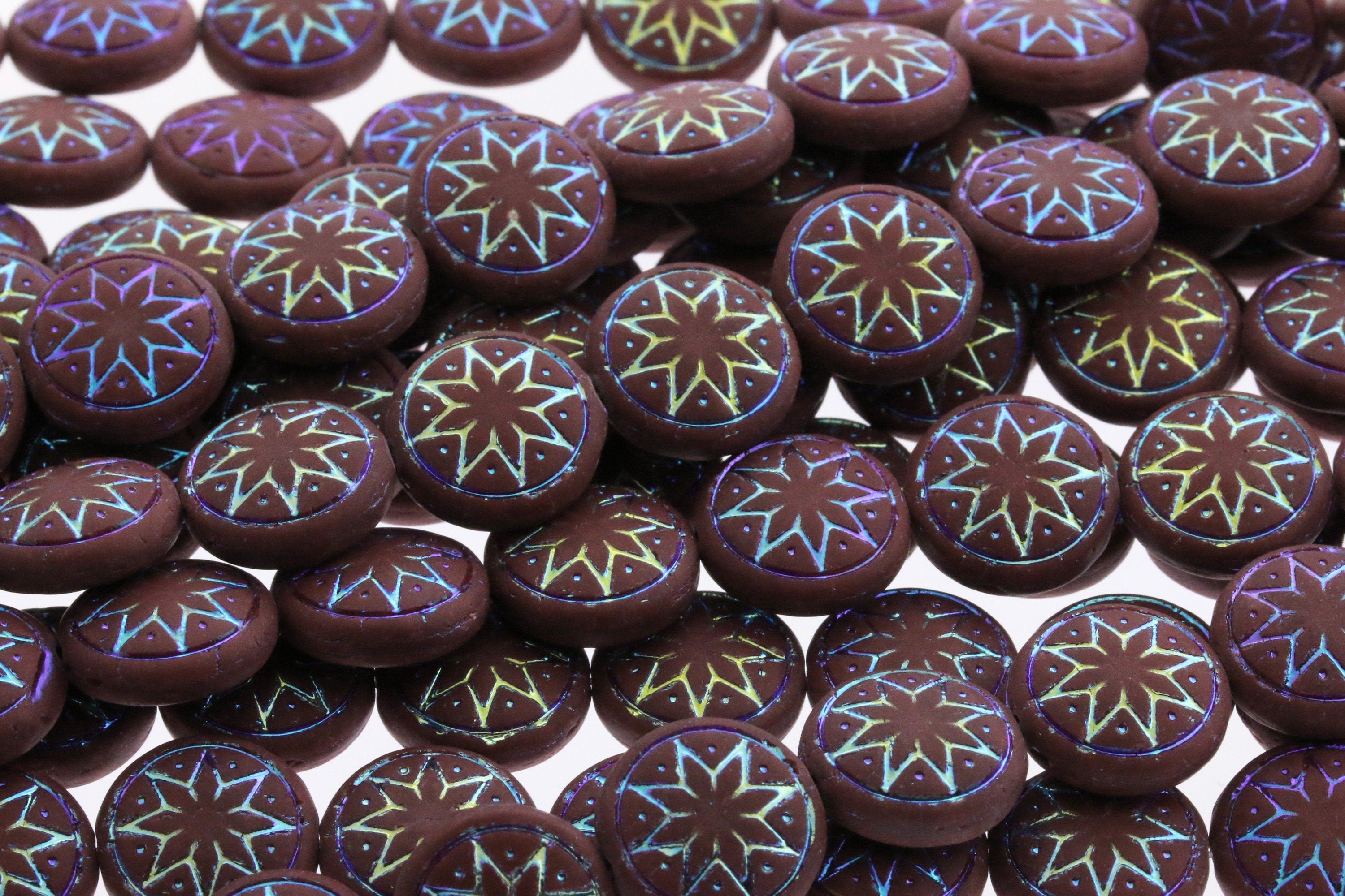 6pcs Czech Star of Ishtar beads - pressed Czech glass puffed coins - FROSTED Umber / Chocolate AB - 13mm