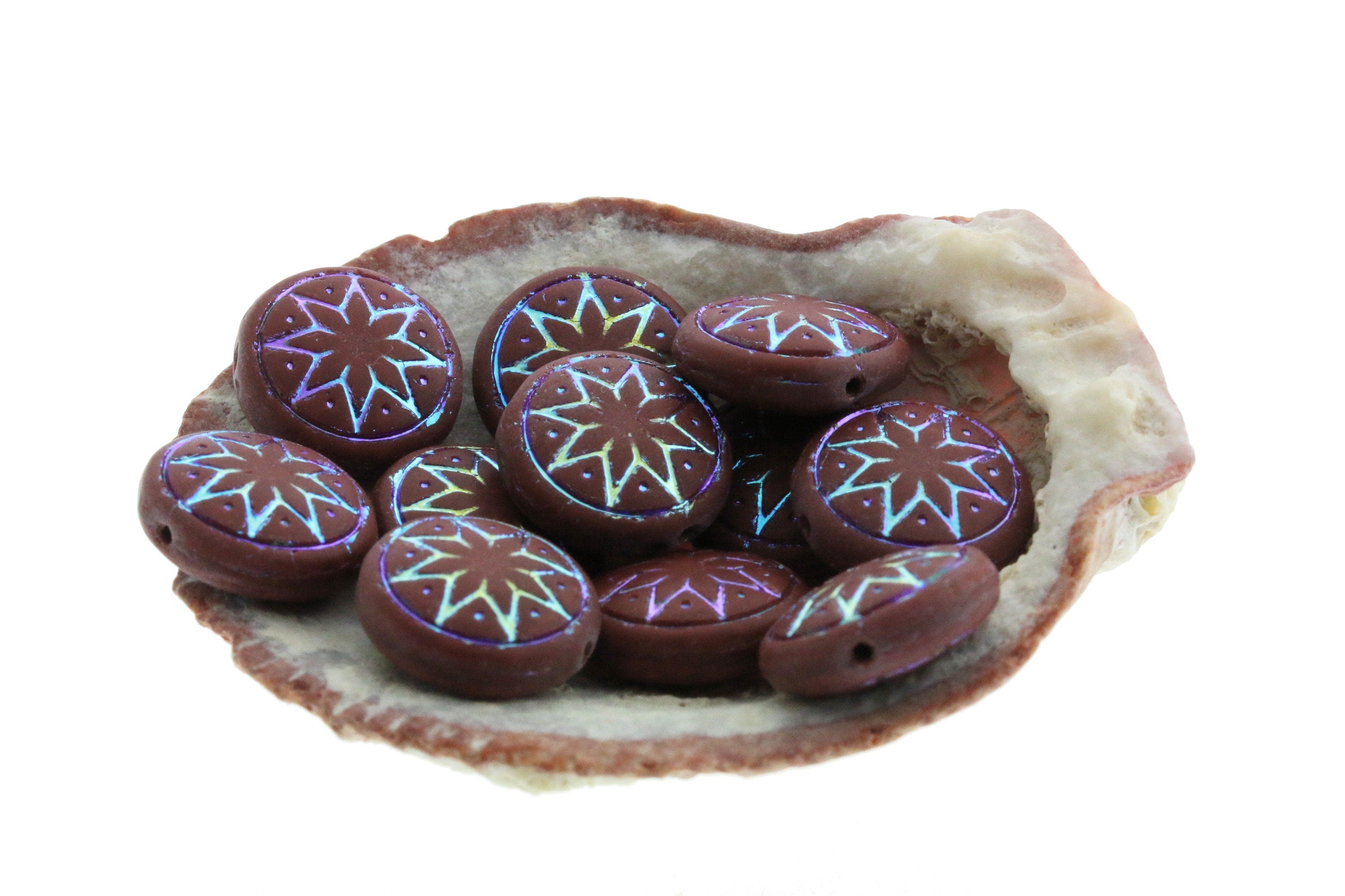 6pcs Czech Star of Ishtar beads - pressed Czech glass puffed coins - FROSTED Umber / Chocolate AB - 13mm