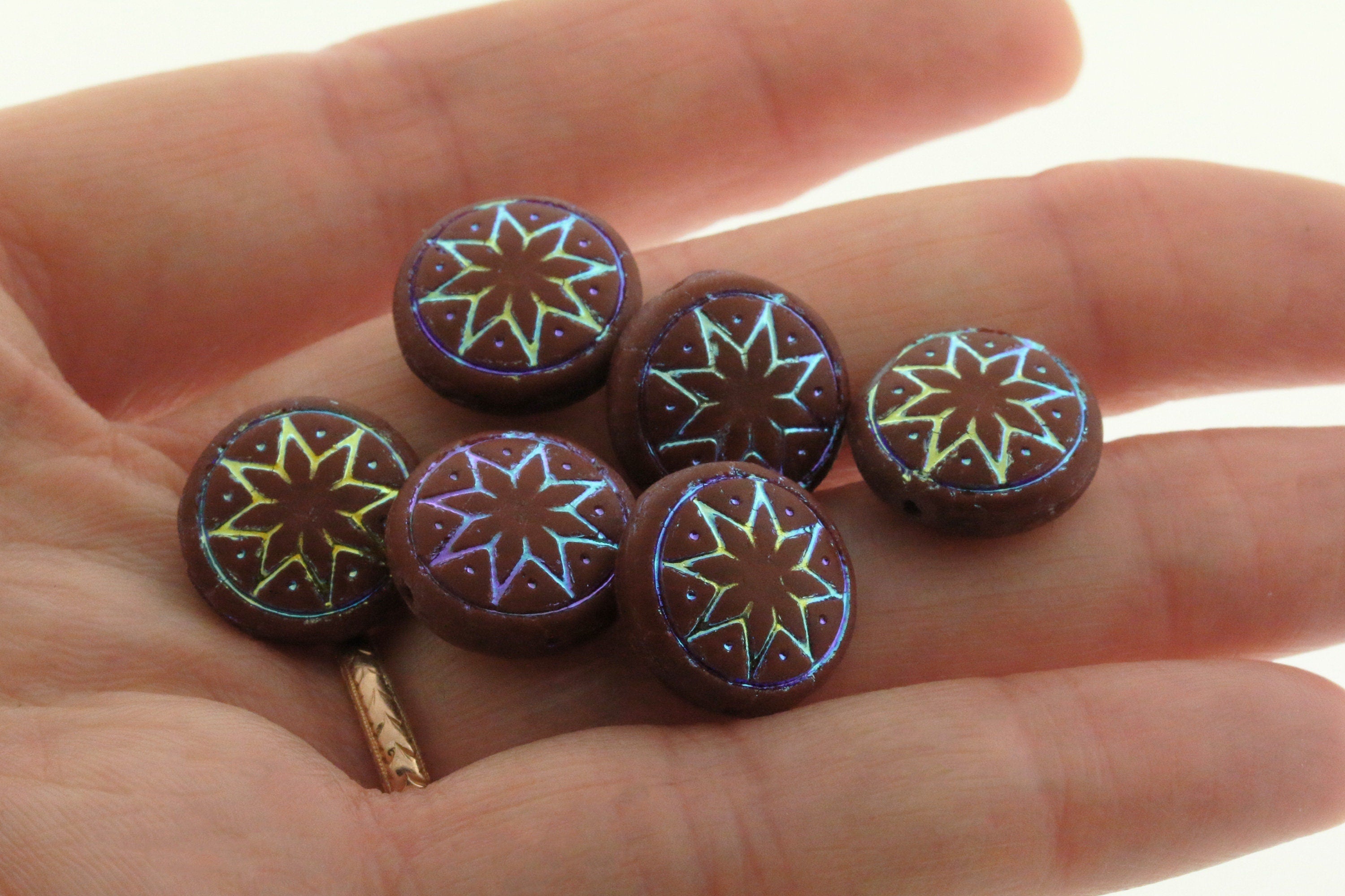 6pcs Czech Star of Ishtar beads - pressed Czech glass puffed coins - FROSTED Umber / Chocolate AB - 13mm