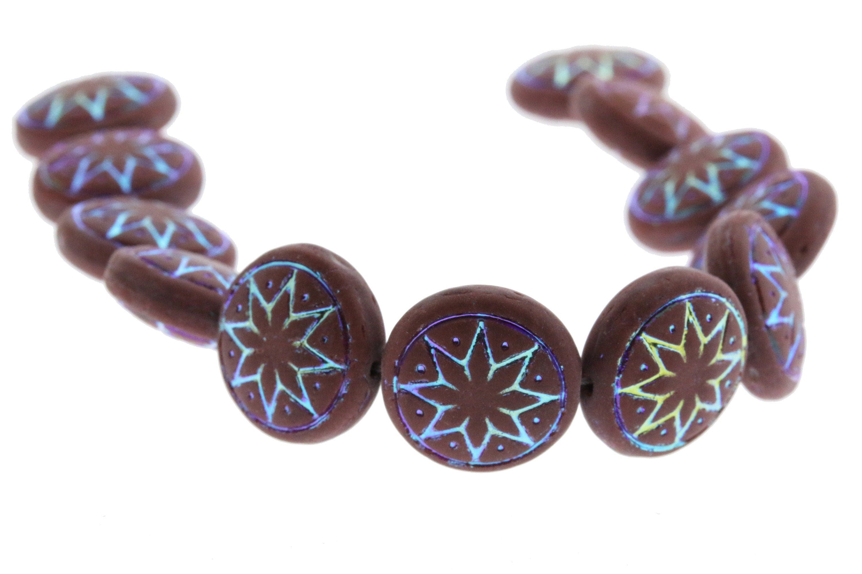 6pcs Czech Star of Ishtar beads - pressed Czech glass puffed coins - FROSTED Umber / Chocolate AB - 13mm