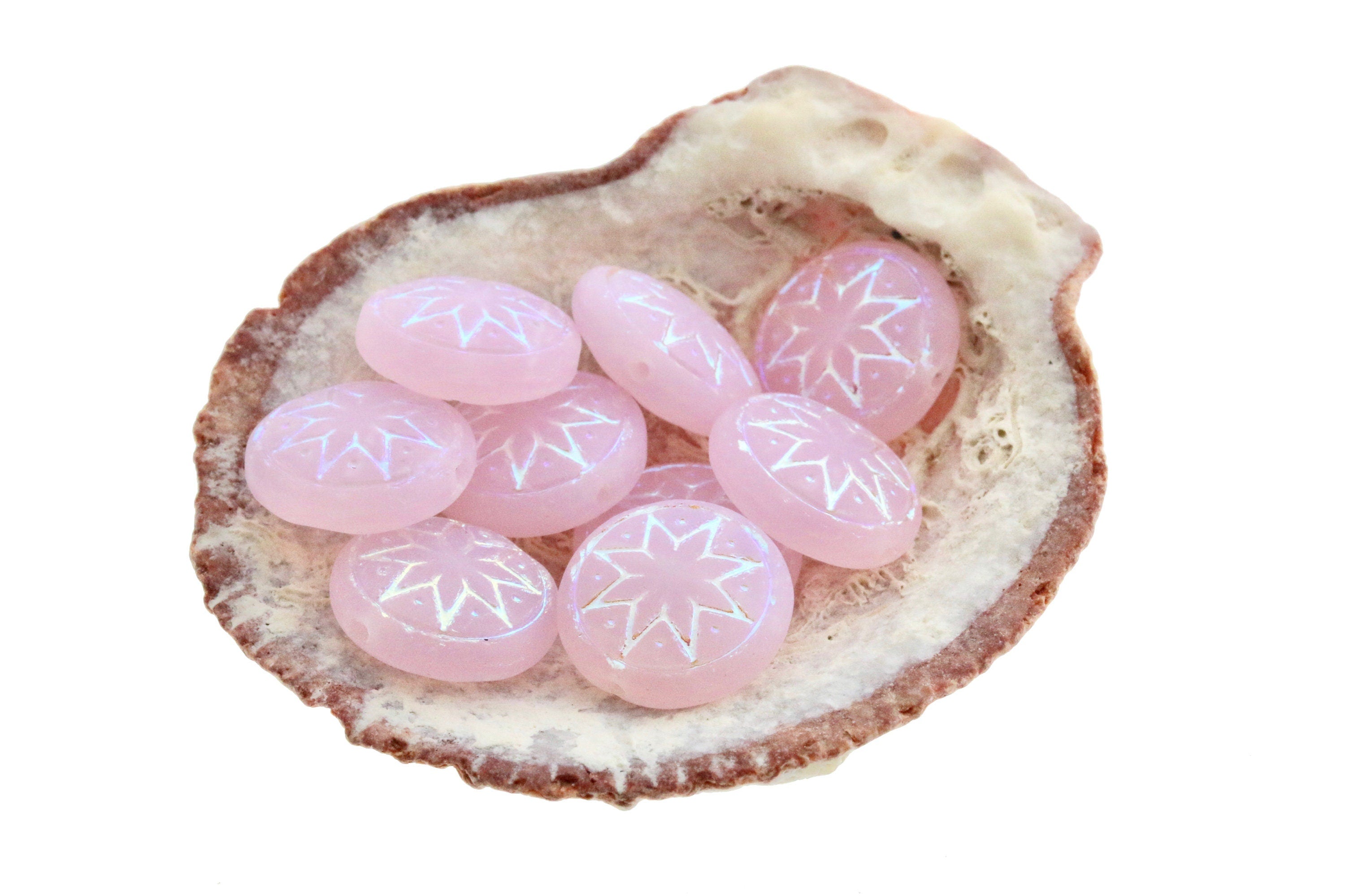 6pcs Czech Star of Ishtar beads - pressed Czech glass puffed coins - FROSTED Light Pink Opal AB - 13mm